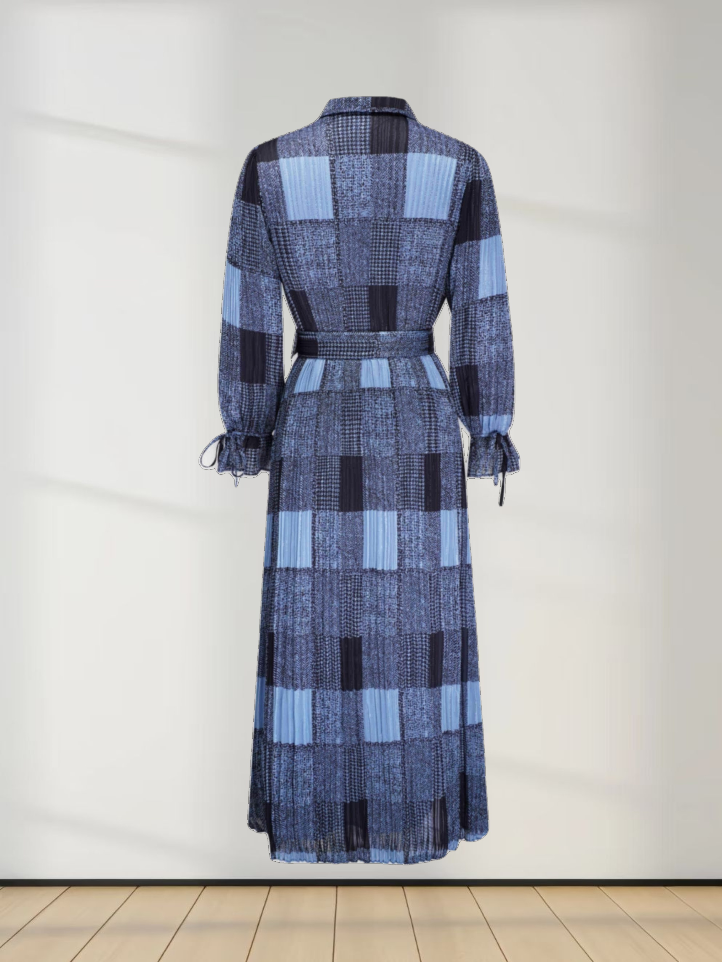 Belted Pleat Dress-Blue Plaid