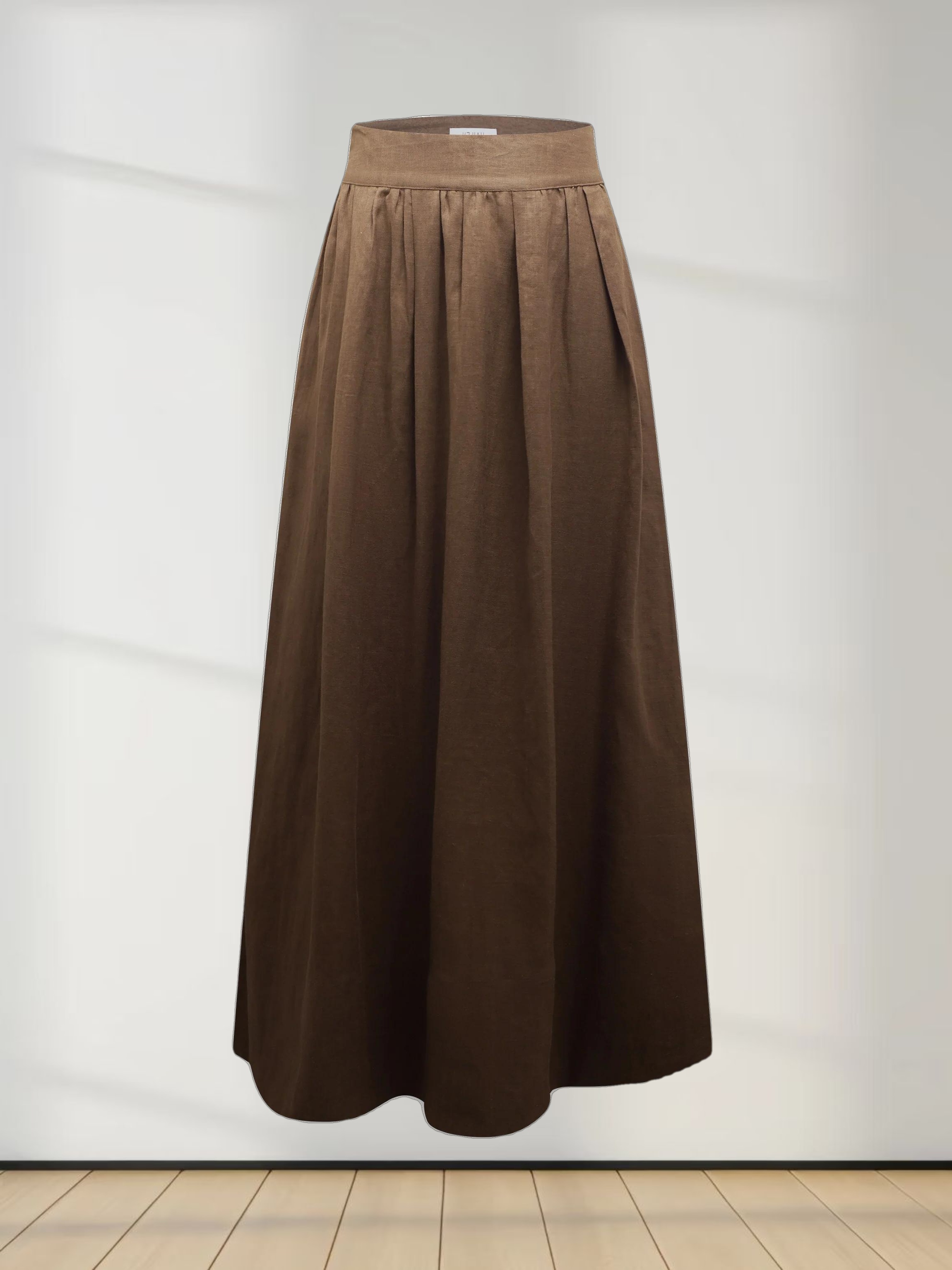 Gathered Waist Linen Skirt-Brown