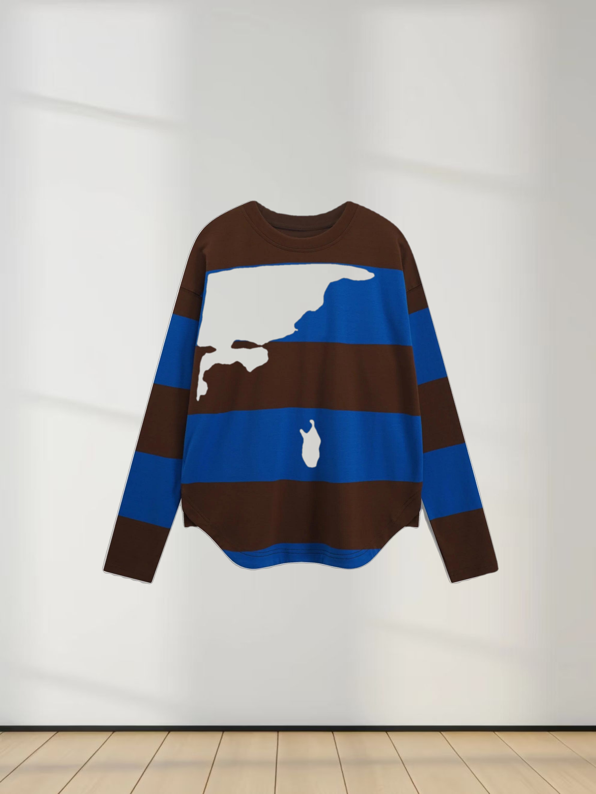 Oversized Rounded Hem T-Shirt-Brown/Cobalt