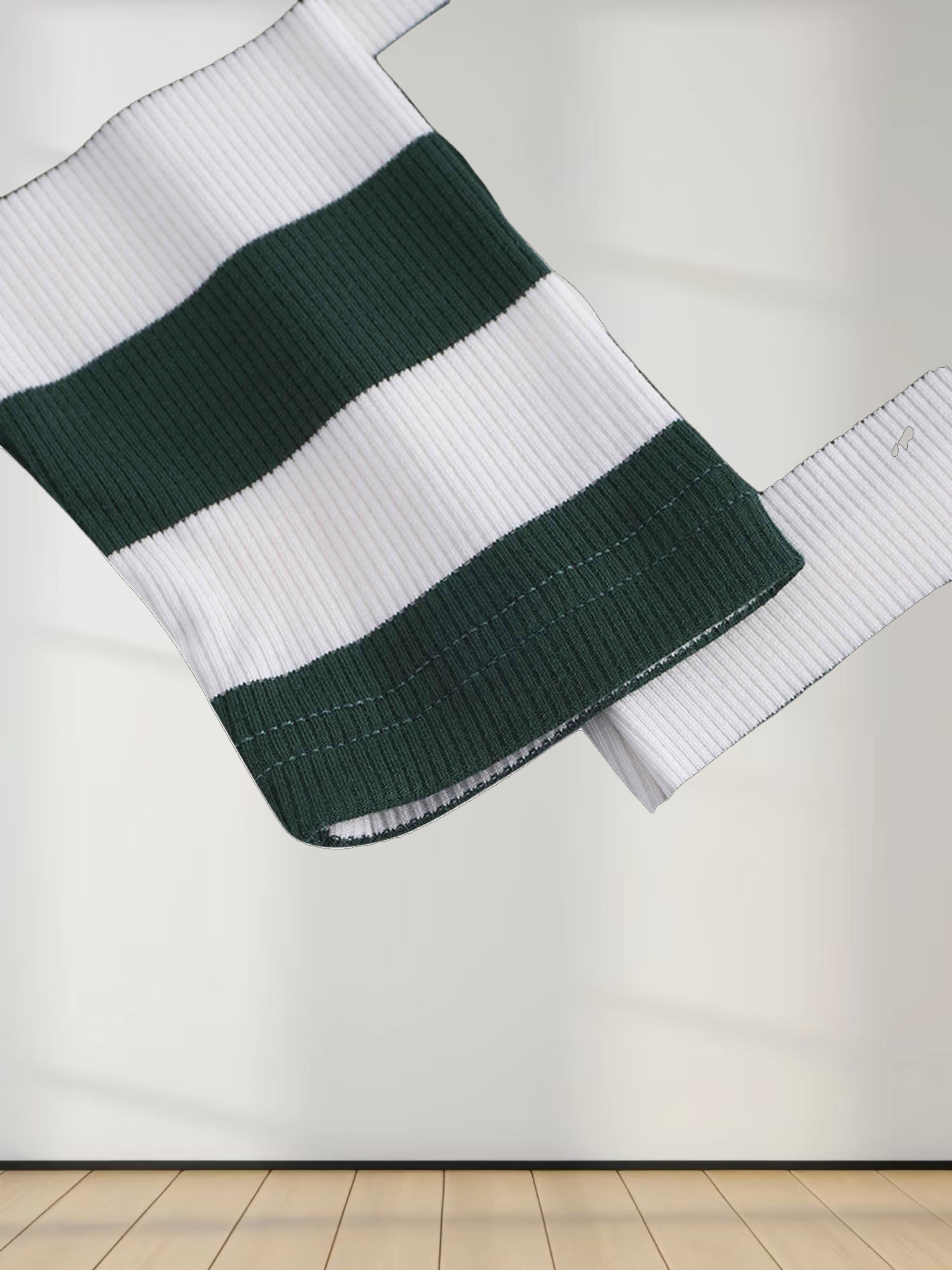 Ribbed Striped High V Tee Long Sleeve-Green/Ivory