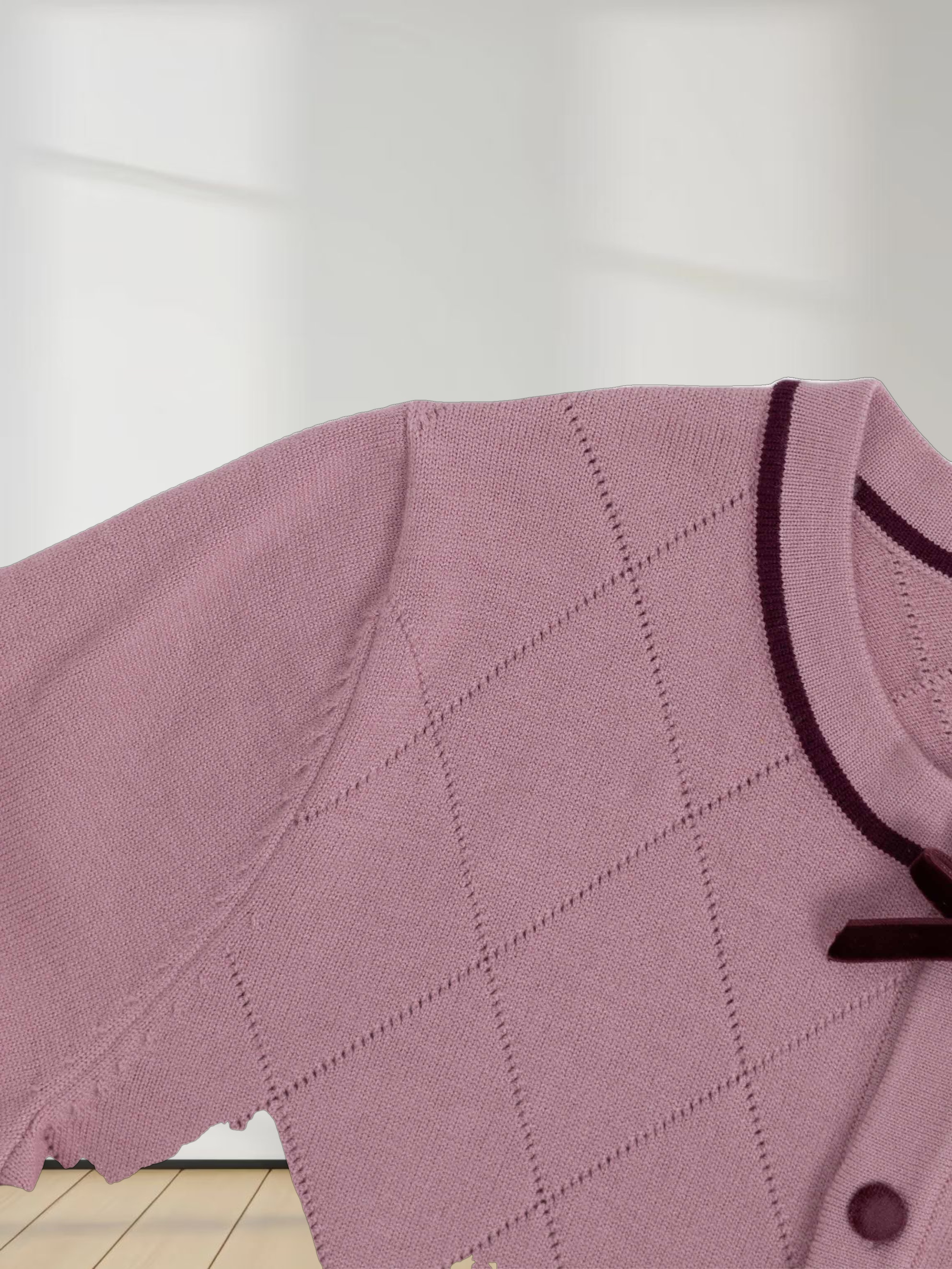 Velvet Detail Pointelle Crew Cardigan-Pink/Burgundy