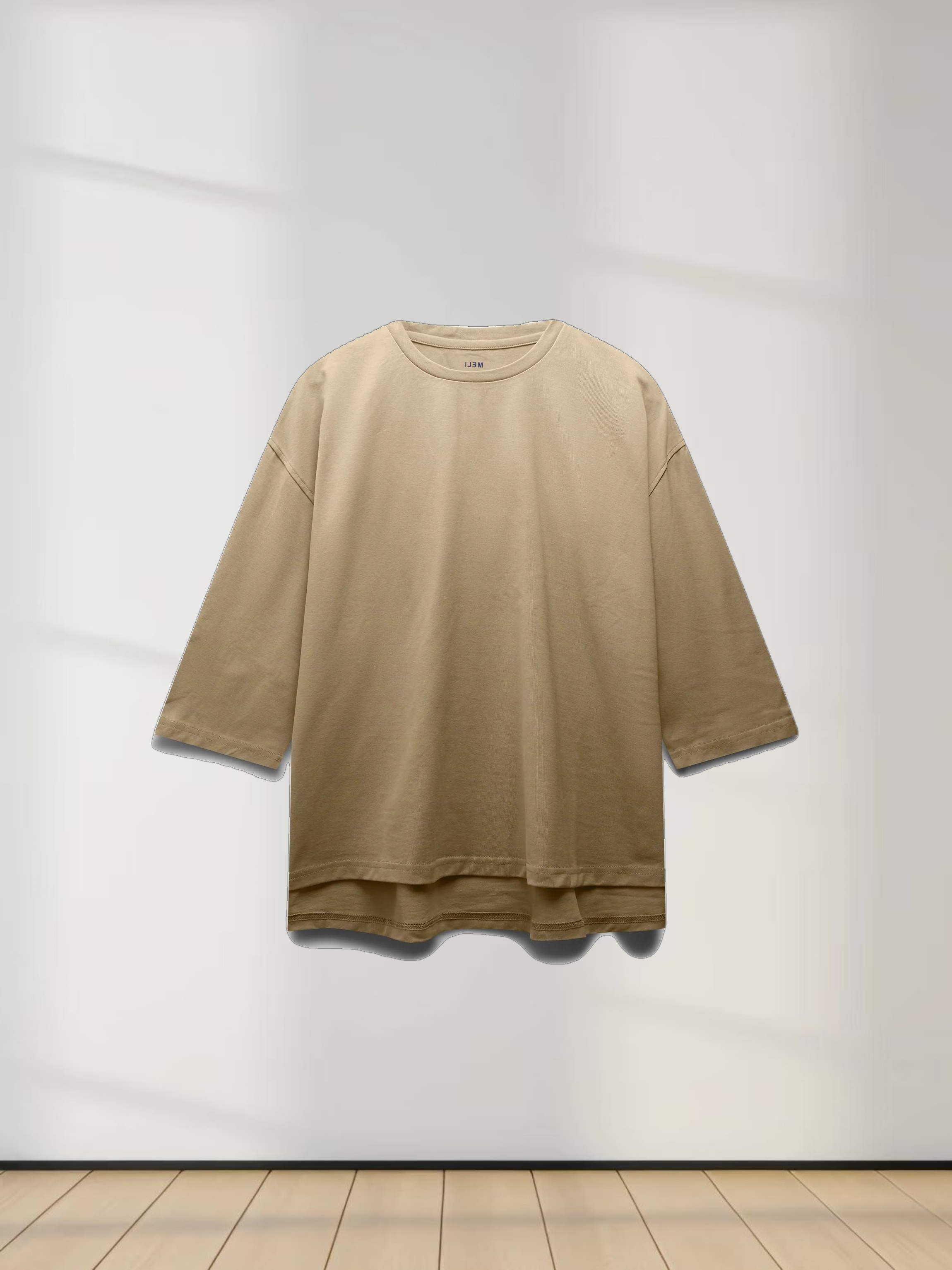 Oversized Boxy 3Q Sleeve Tee-Tan