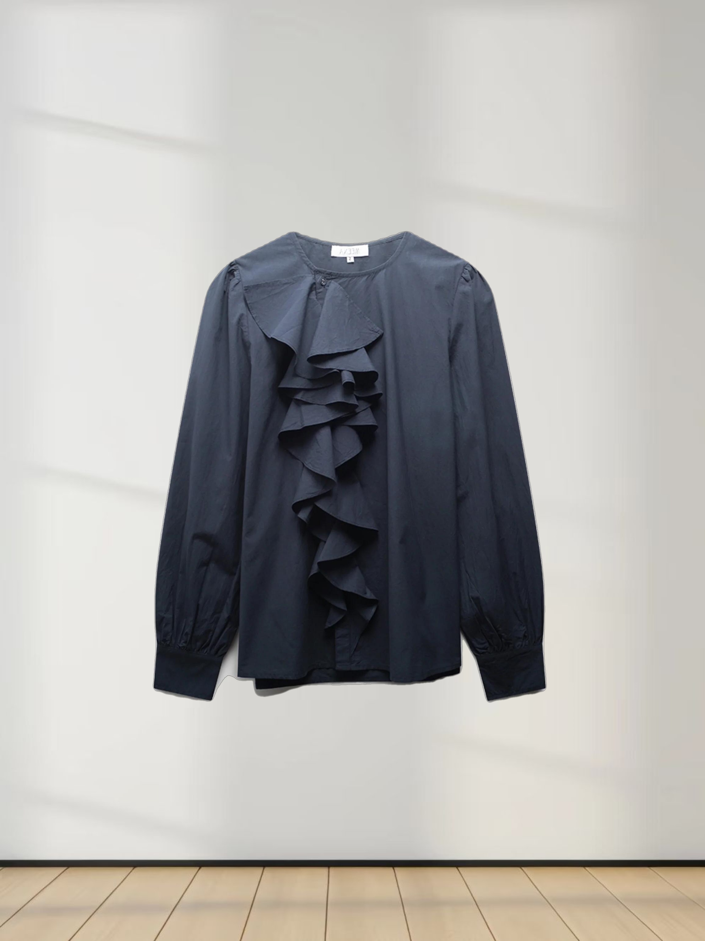 Asymmetrical Ruffle Blouse-Navy
