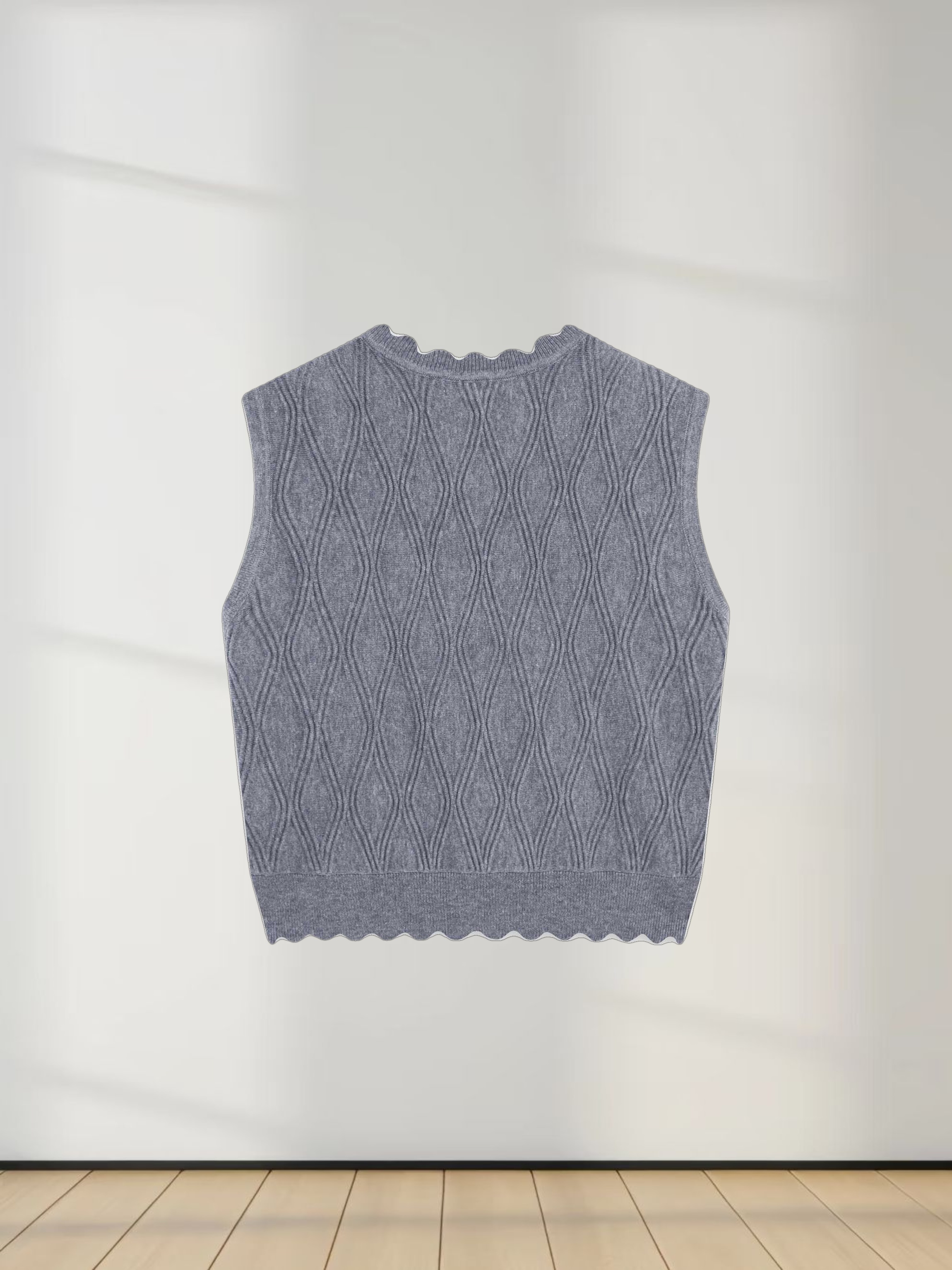Scalloped Sleeveless Crew Neck Sweater-Heathered Grey