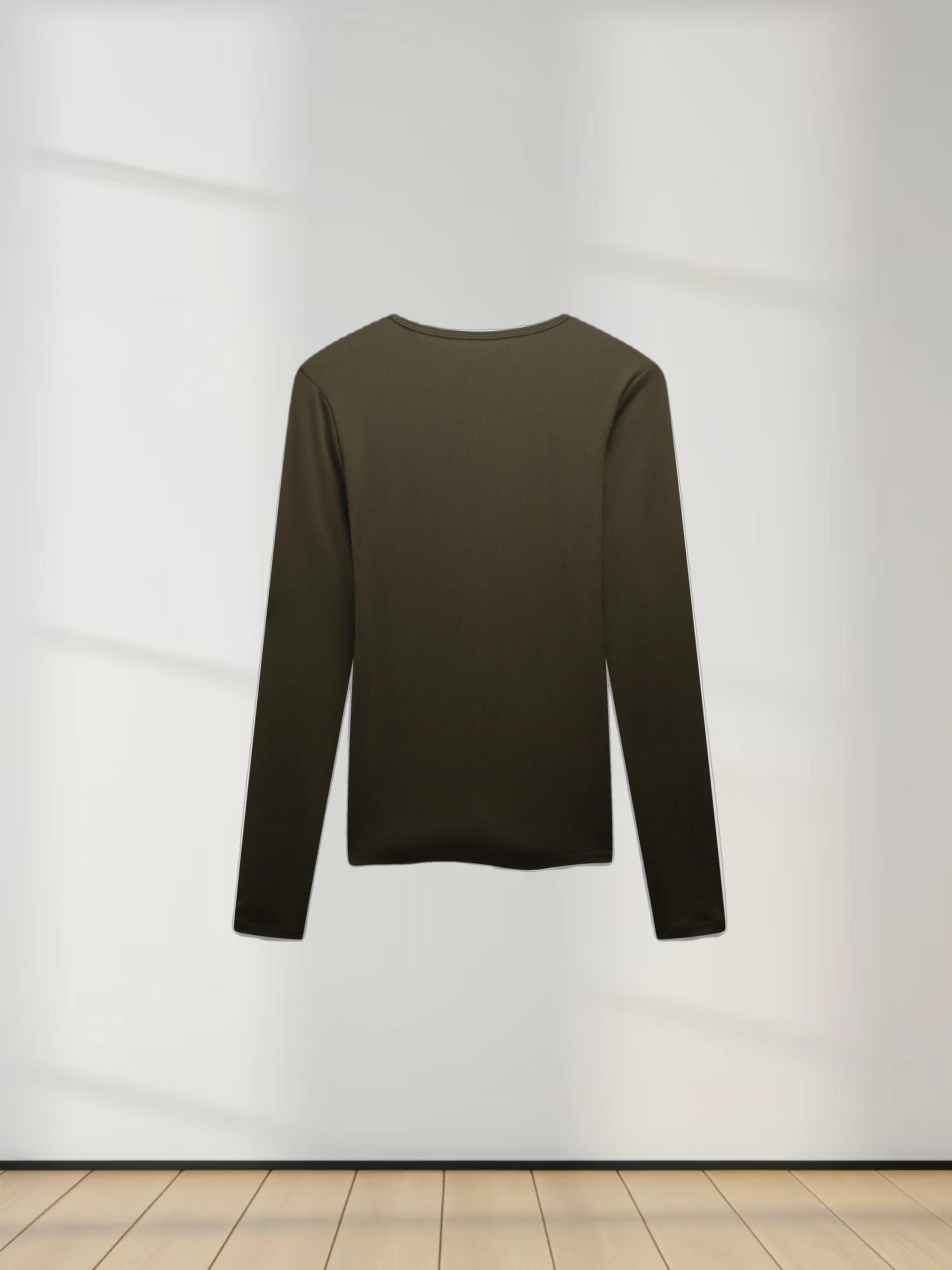 RIBBED HIGH V TEE LS-CHOCOLATE BROWN