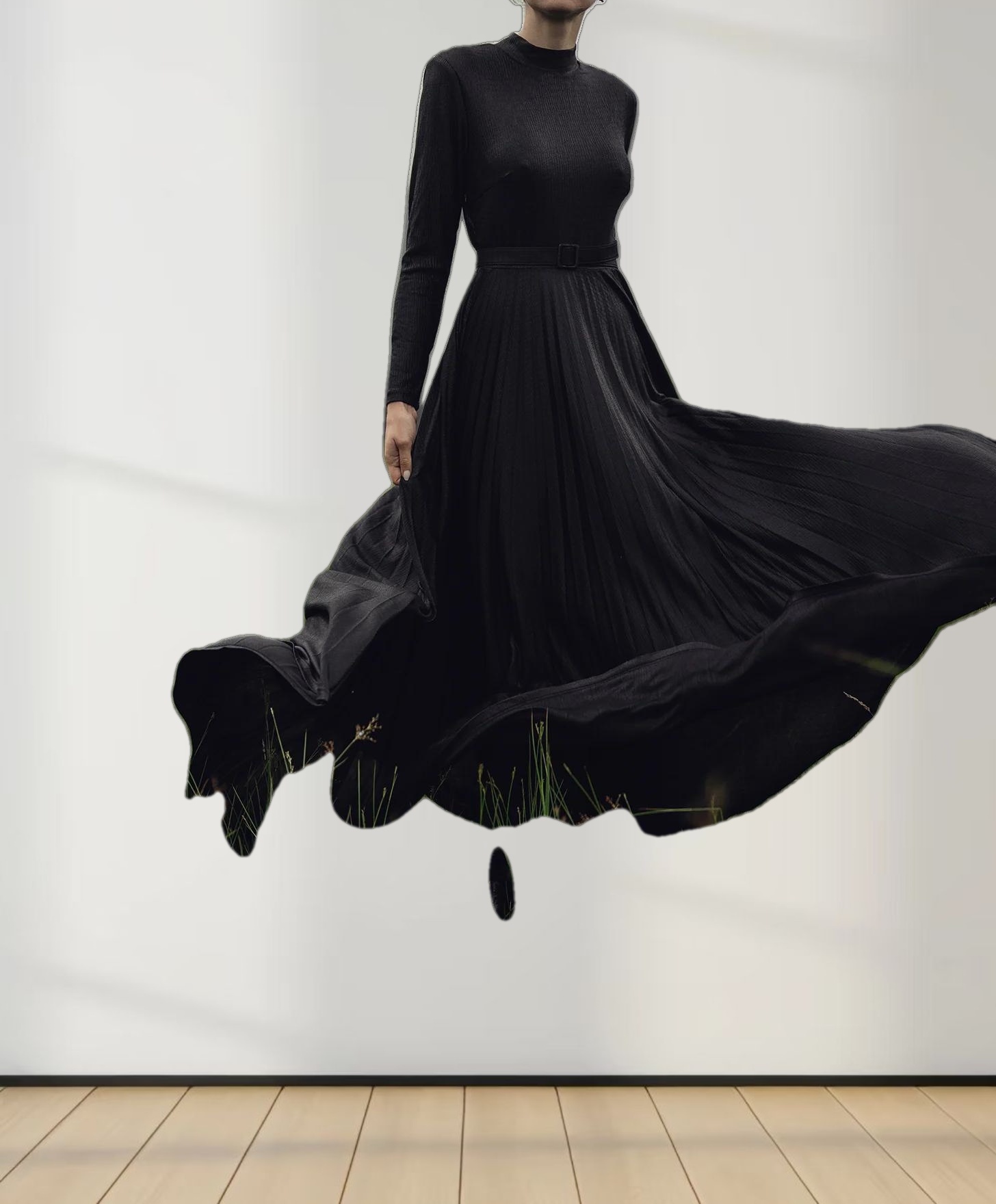 Pleat Bottom Stretch Maxi Dress-Black Shimmer