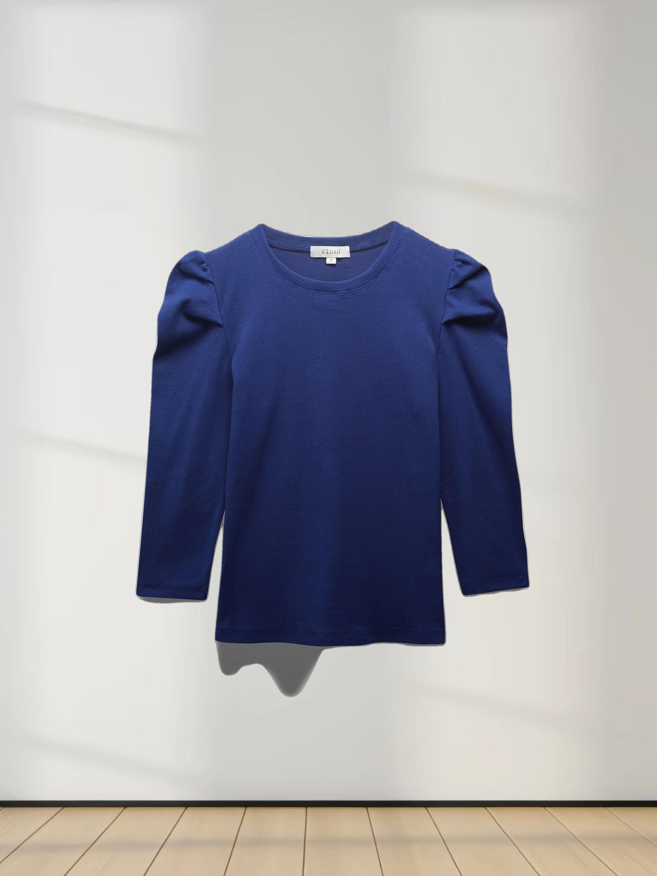 Ribbed Crew Neck Puff Sleeve Top-Royal Blue