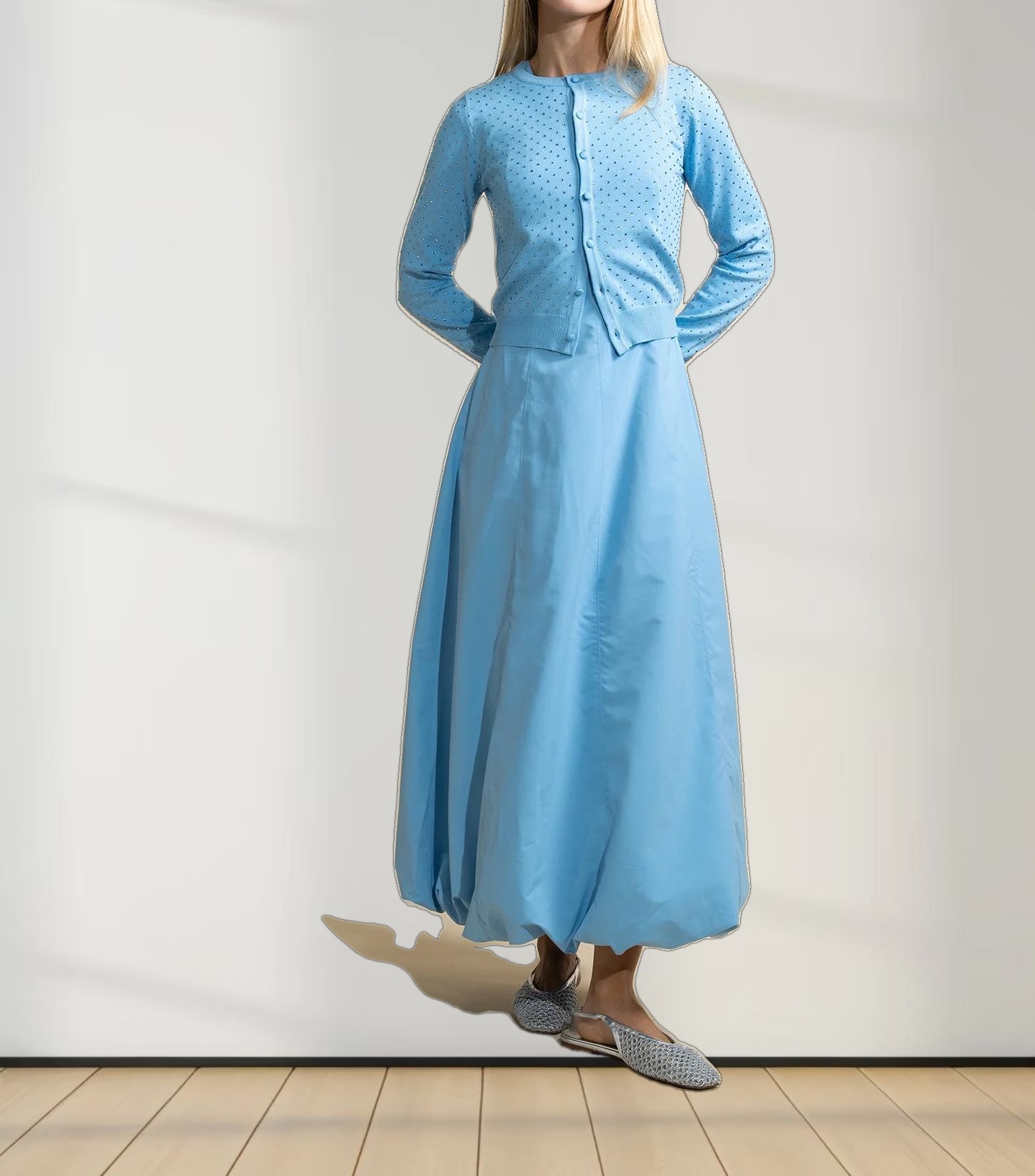 Stone Embellished Crew Cardigan-Sky Blue