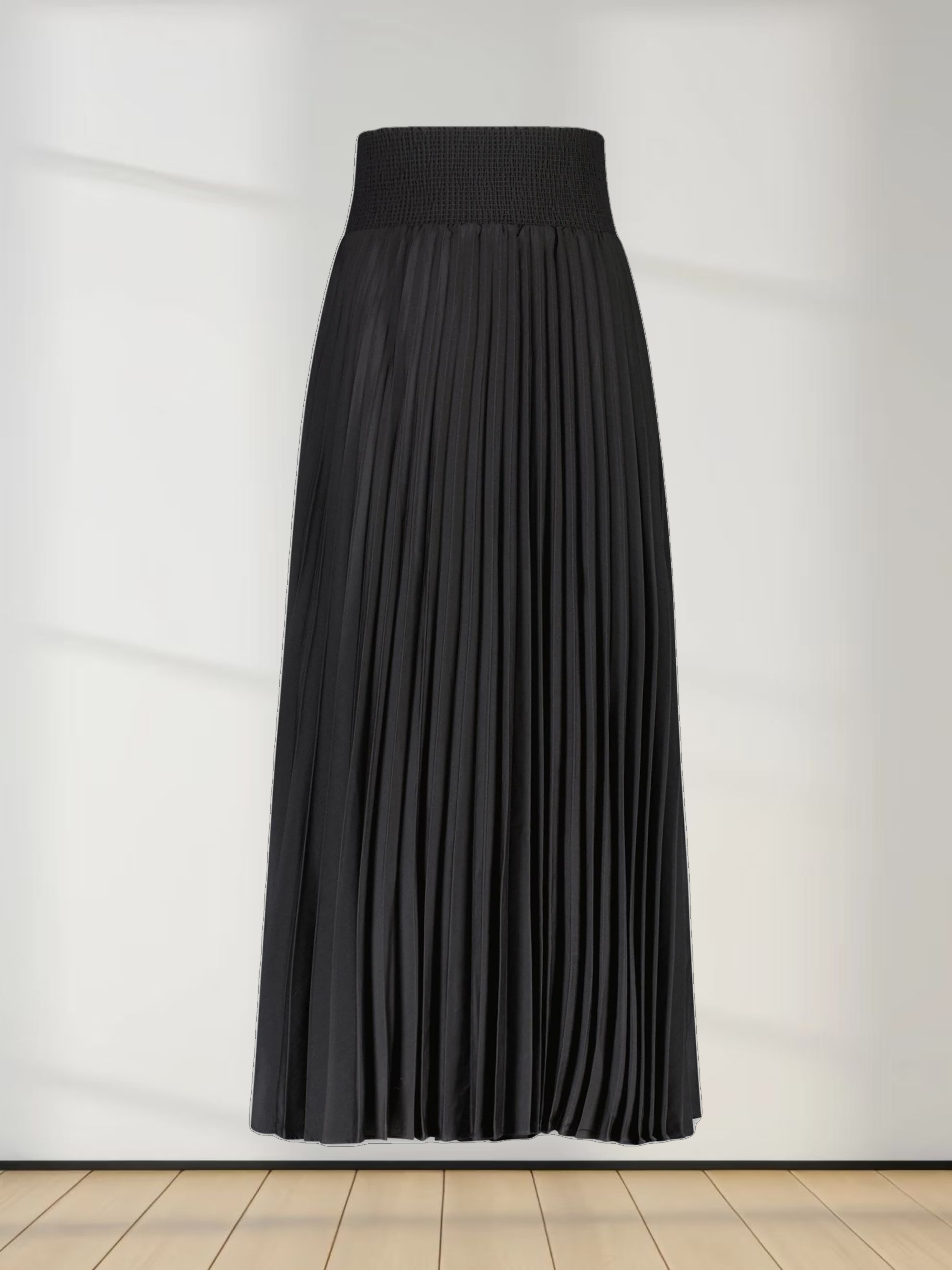 SHIRRED WAIST PLEATED SKIRT (LONG)-BLACK