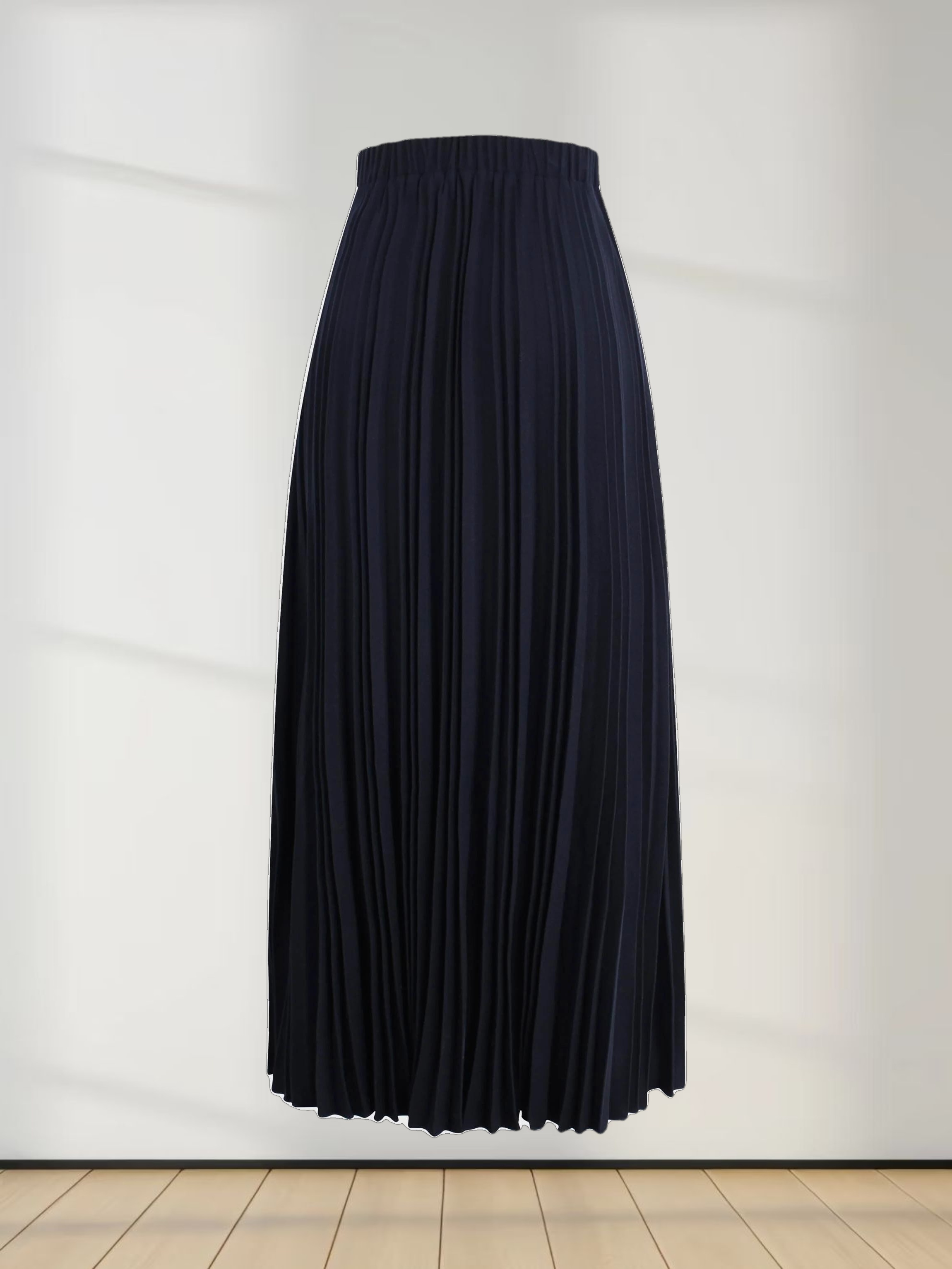 Wool Blend Pleated Skirt-Navy