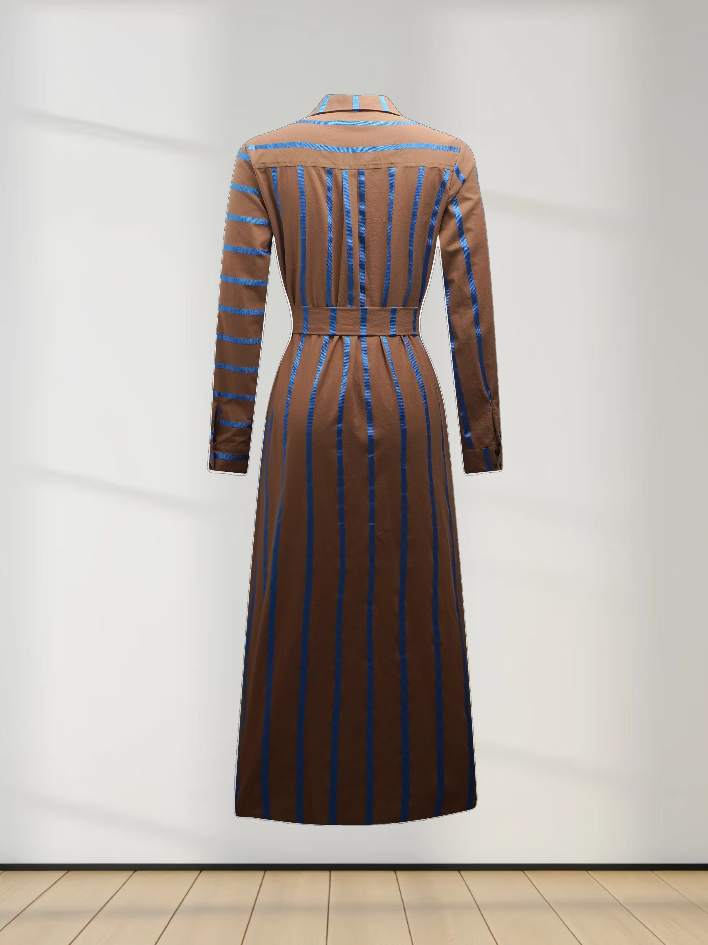 Long Button Down Shirtdress-Brown/Blue Stripe