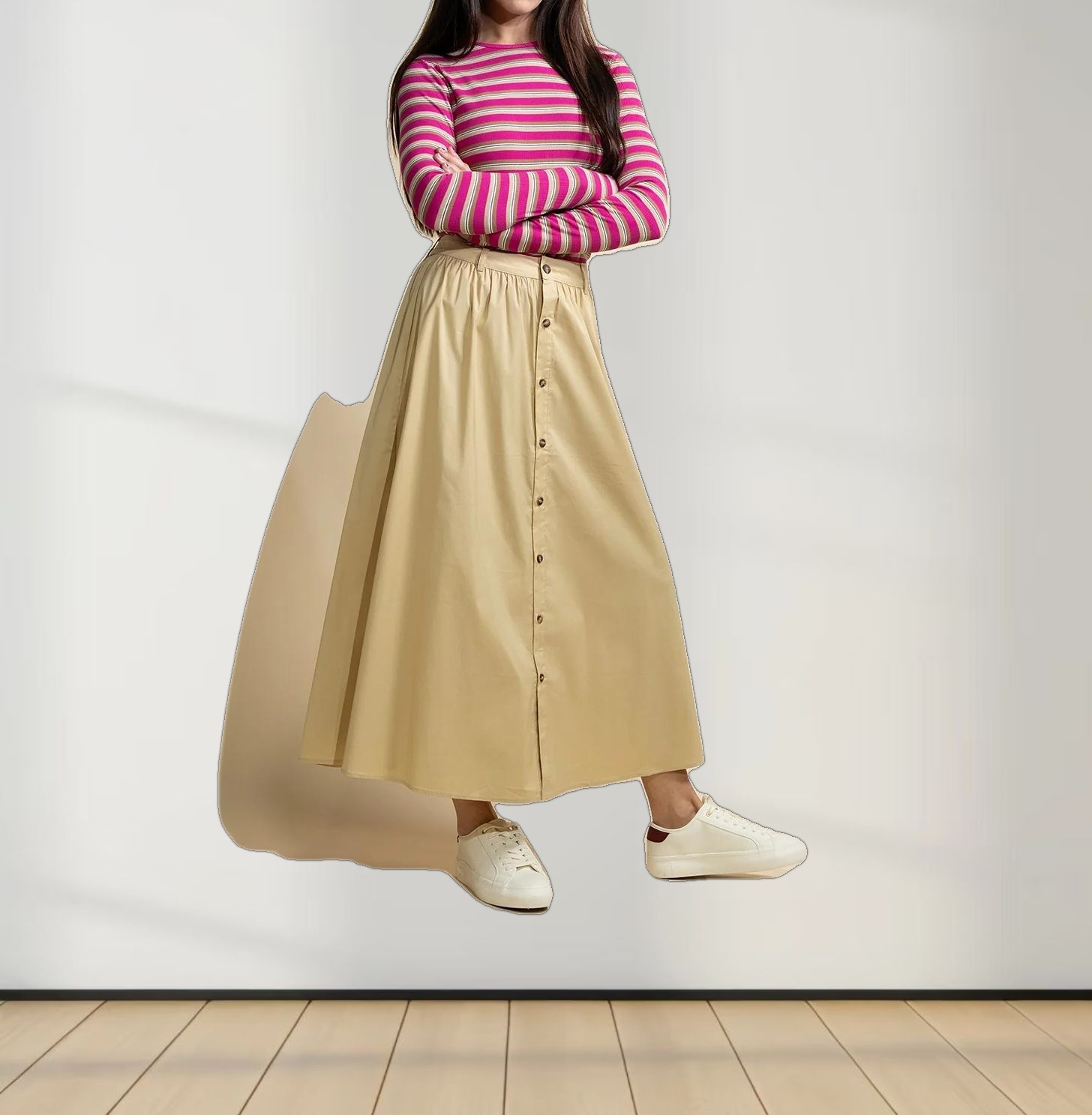 Multi Striped Ribbed Crew-Hot Pink/Tan