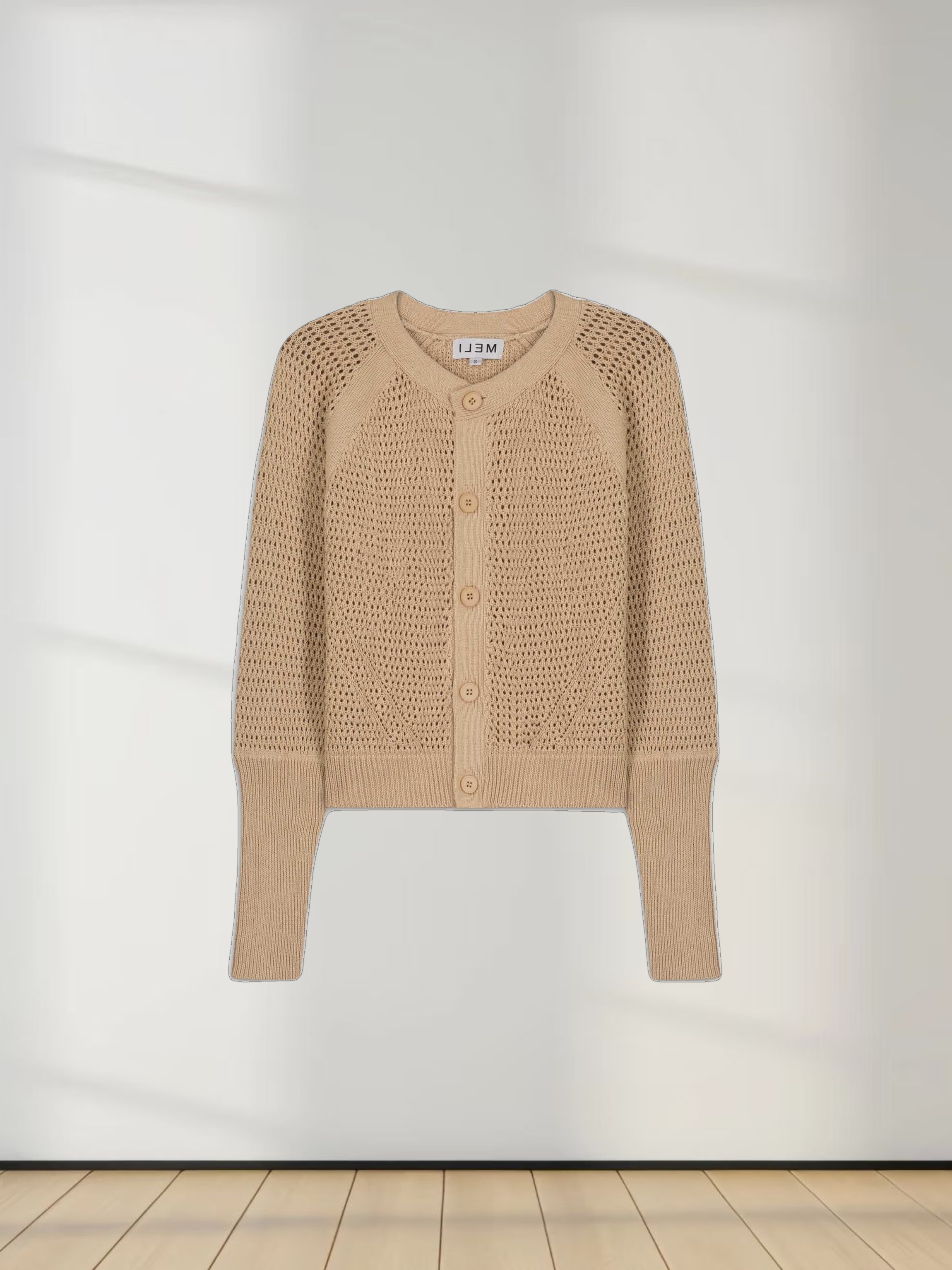 CROCHET CREW CARDIGAN-TAN