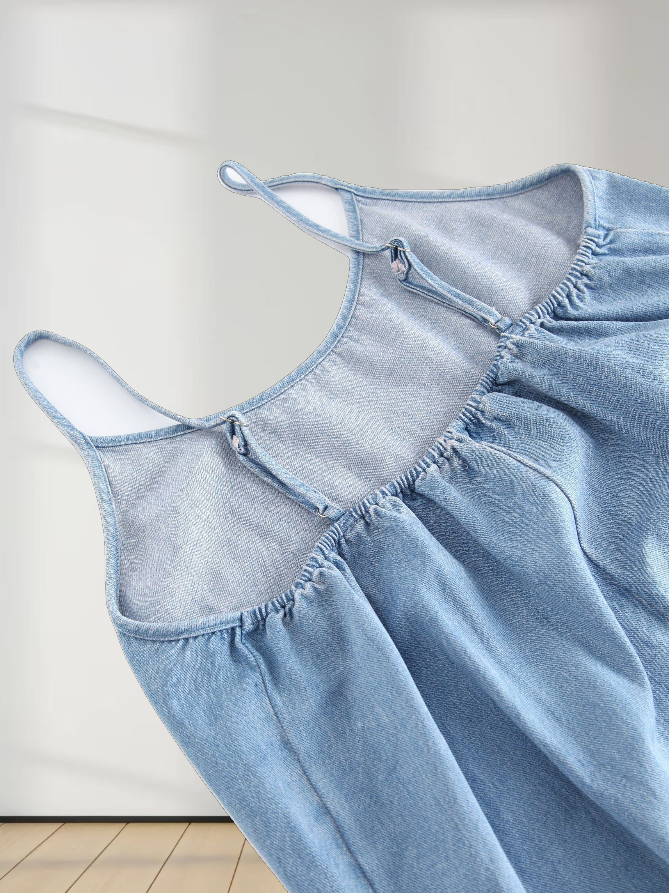 Solid Crew Neck Slip Dress-Light Blue Denim