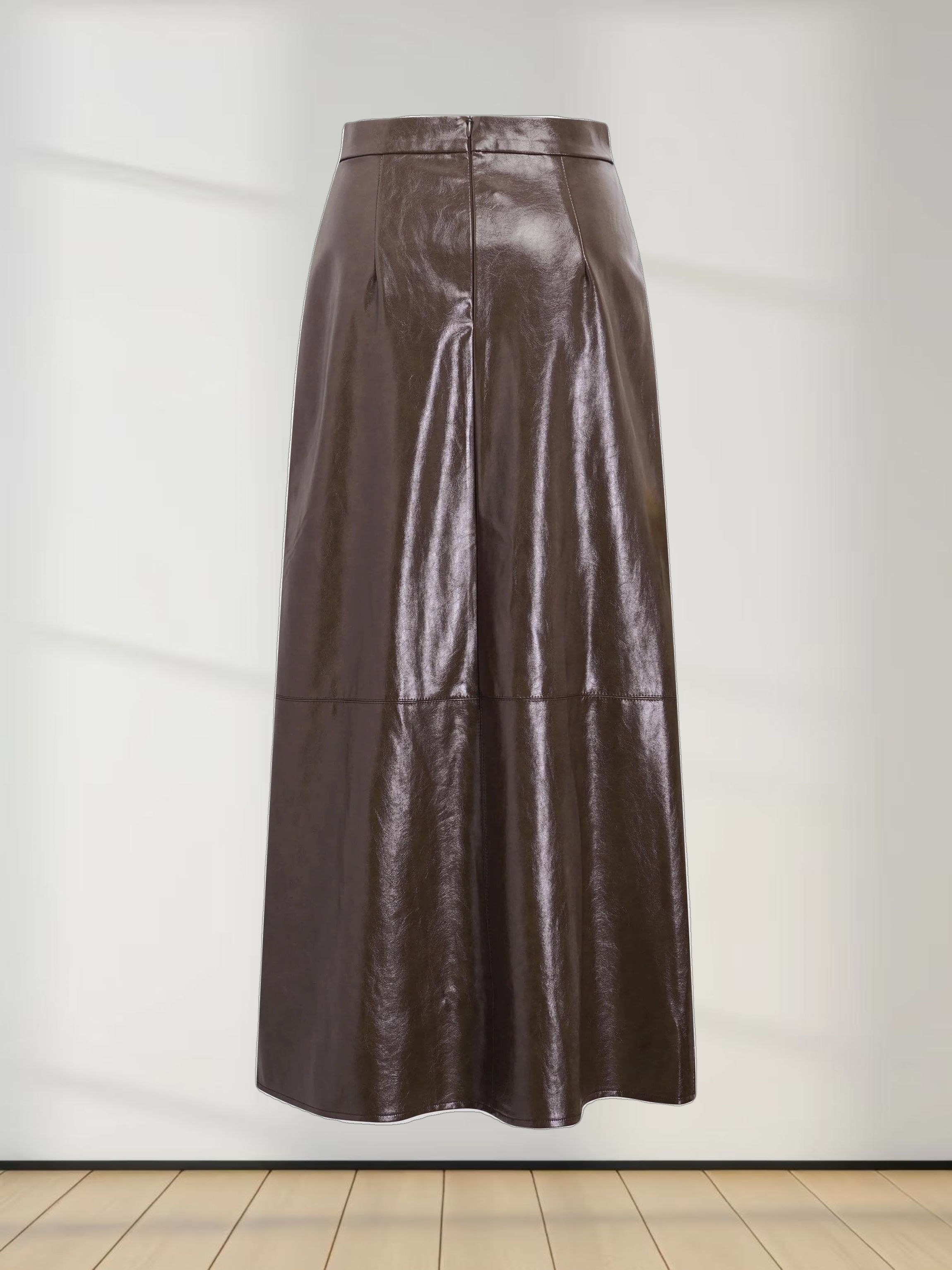 Coated Faux Leather A-Line Skirt-Brown
