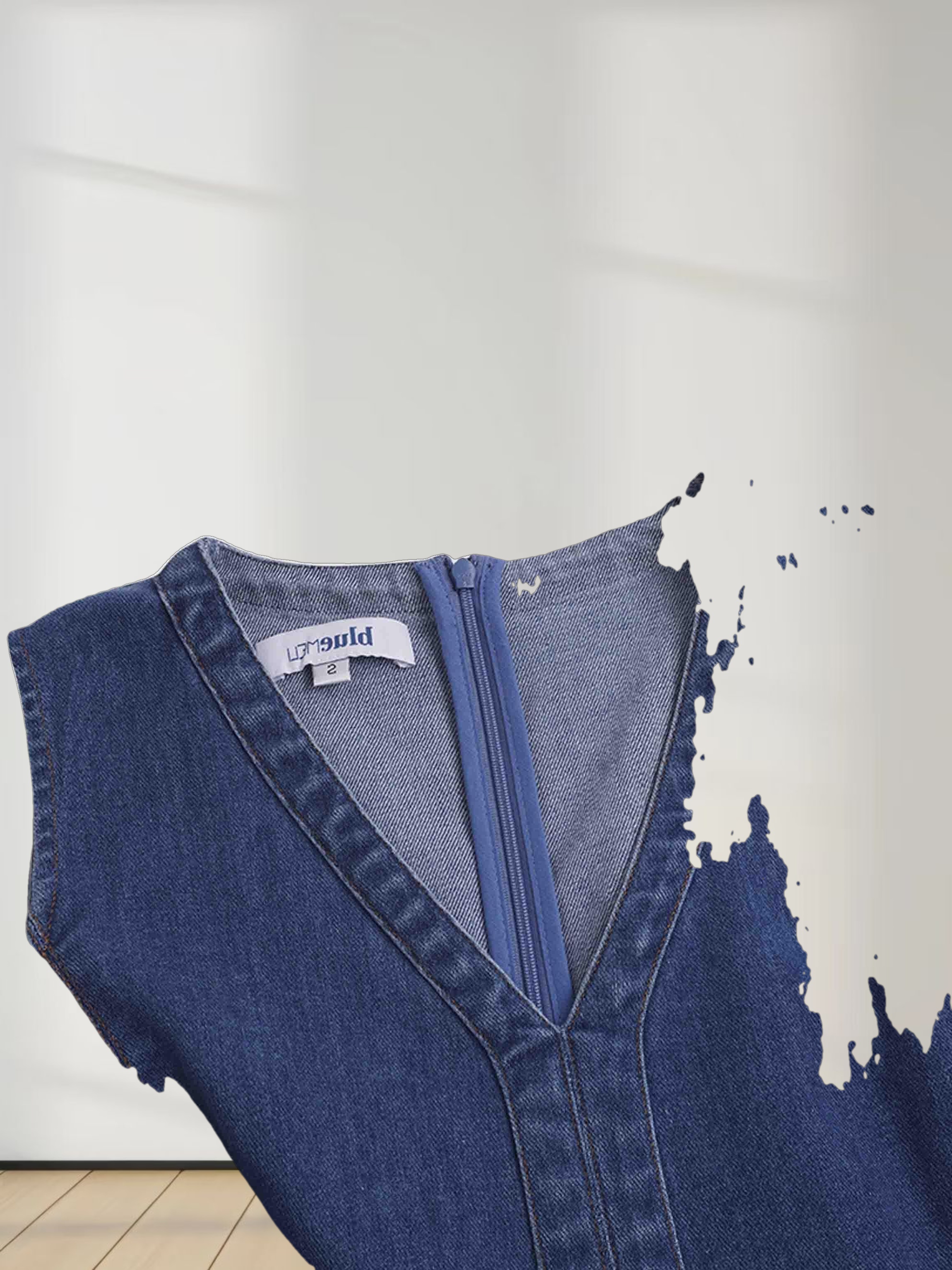 High Waisted V Neck Denim Jumper-Blue