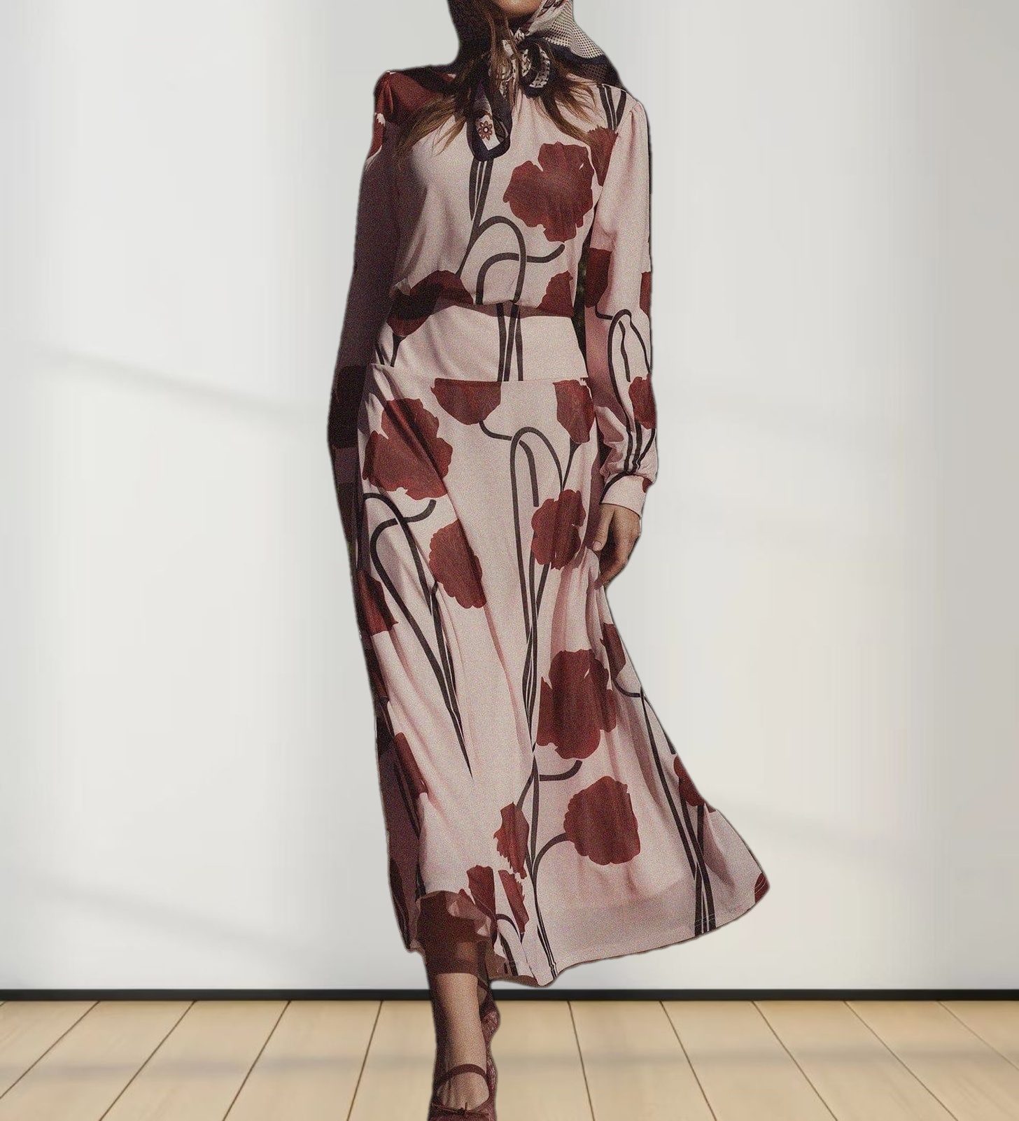 Waist Yoke Dress-Mesh Pink Floral