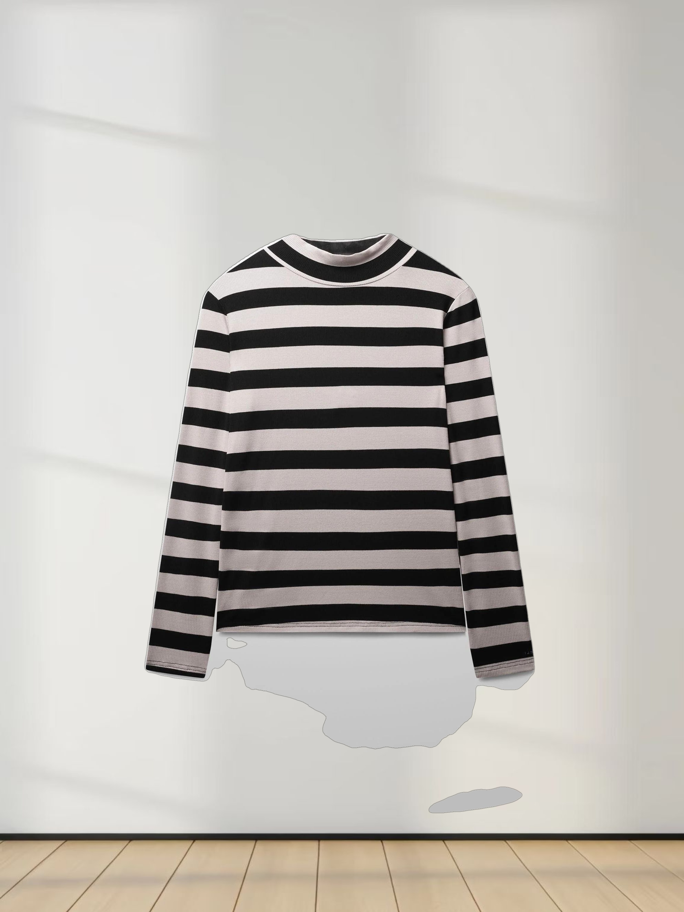 Striped Ribbed Turtleneck-Black/Cream