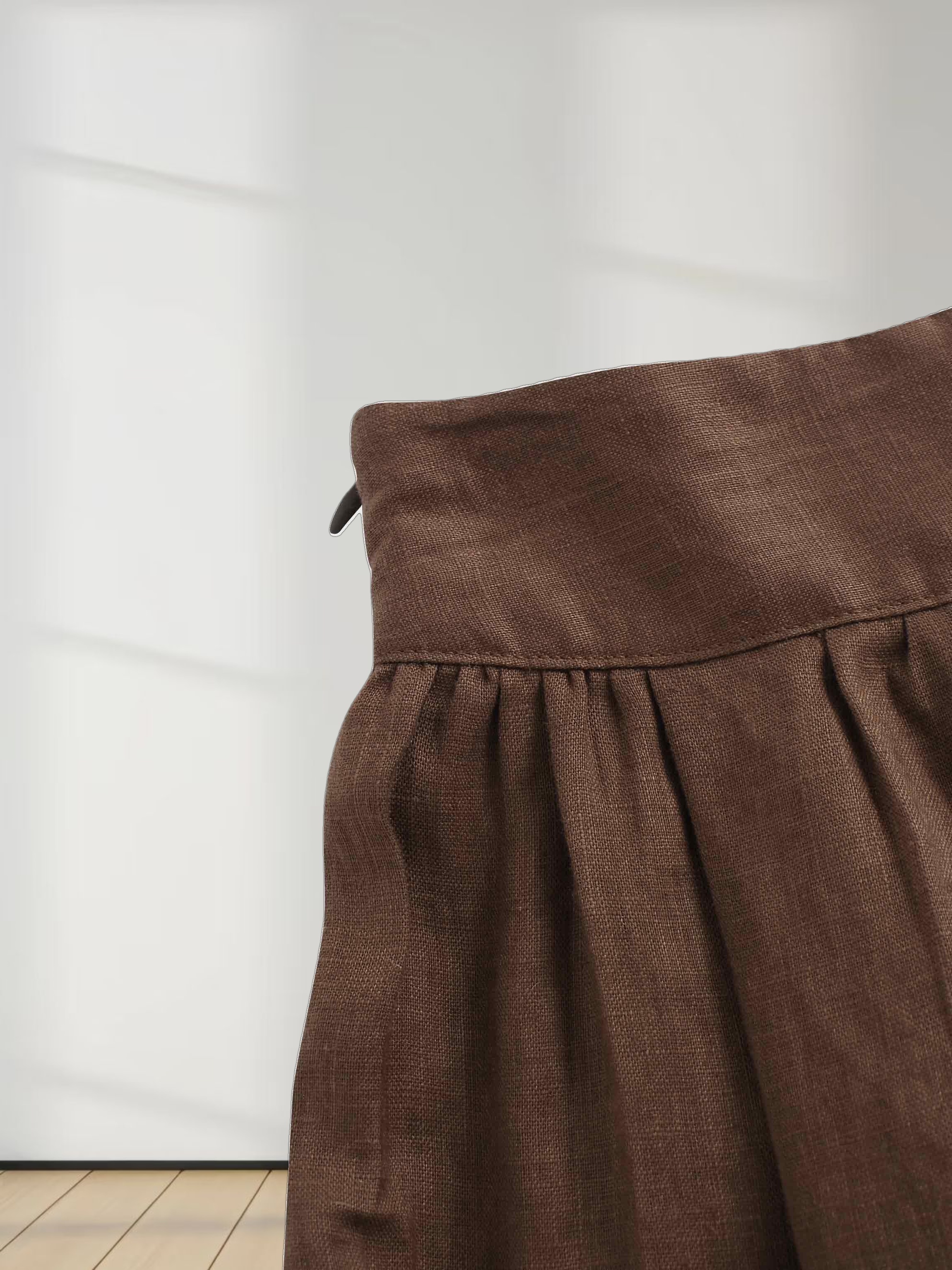 Gathered Waist Linen Skirt-Brown