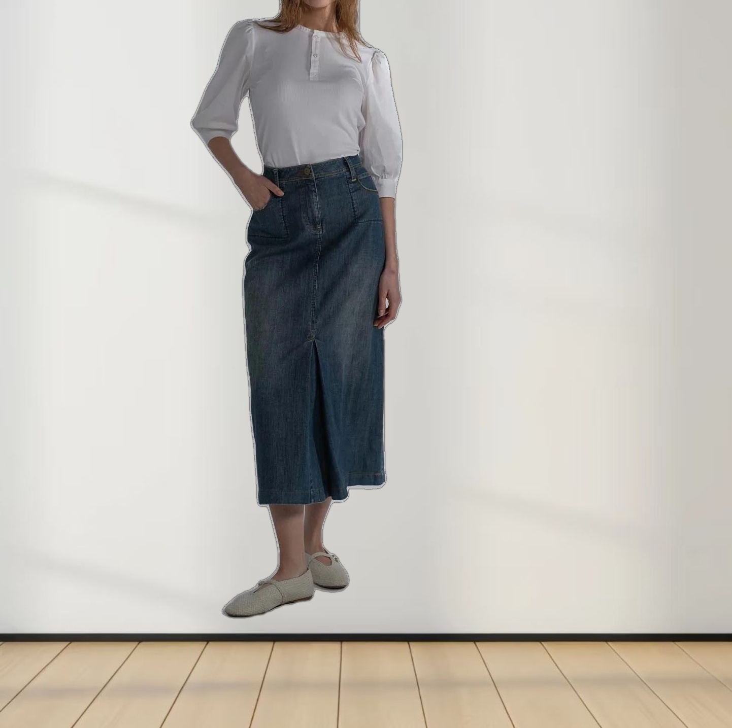 Front Kick Pleat Denim Skirt-Blue