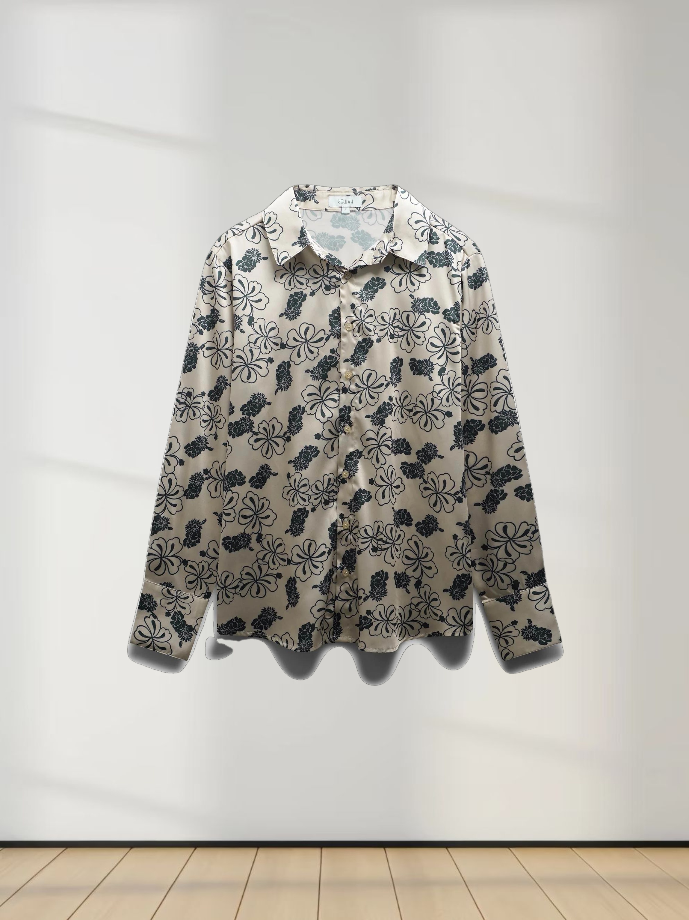 Oversized Faux Satin Blouse-Navy/Taupe Floral