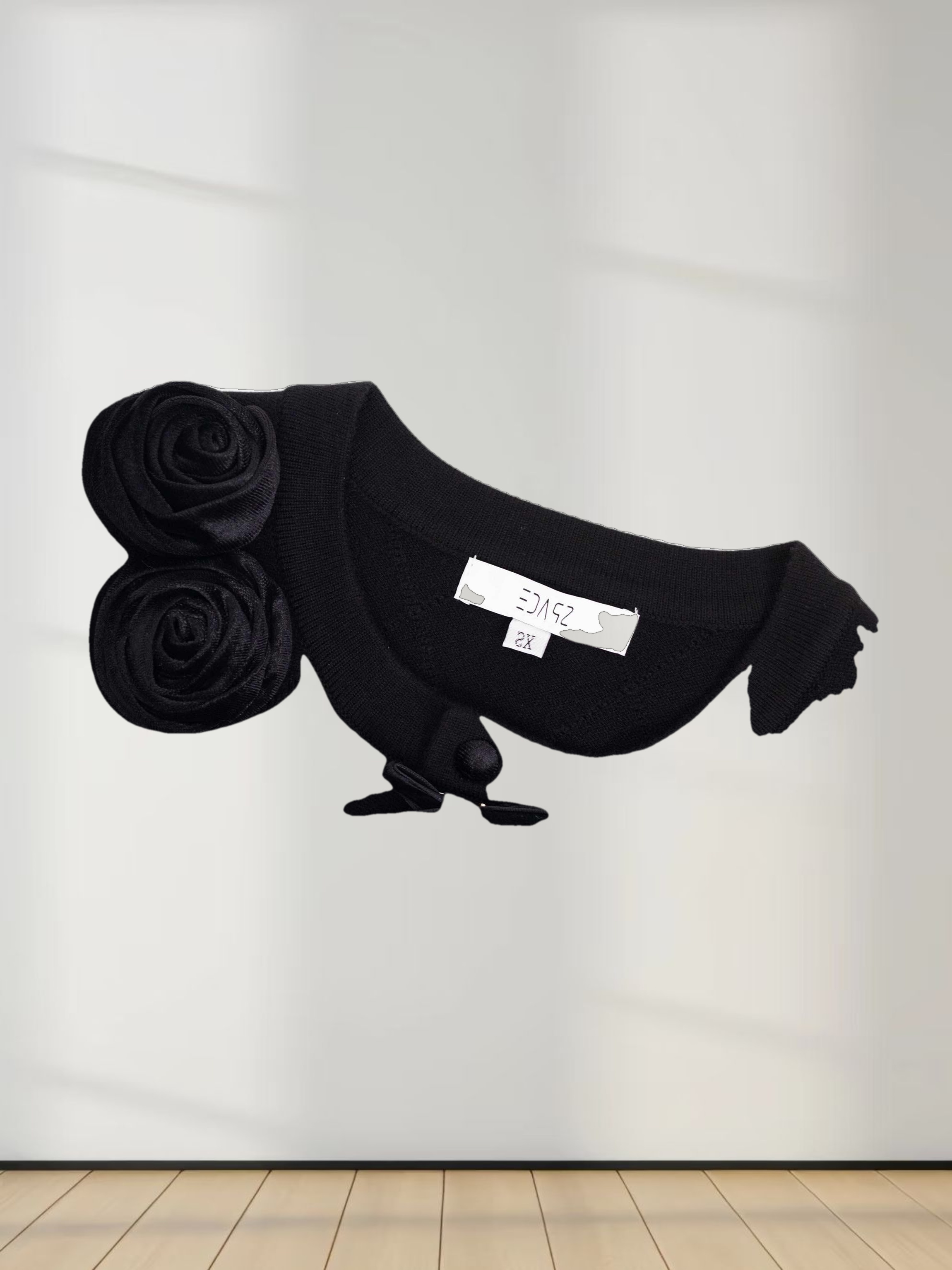 Velvet Detail Pointelle Crew Cardigan-Black/Black