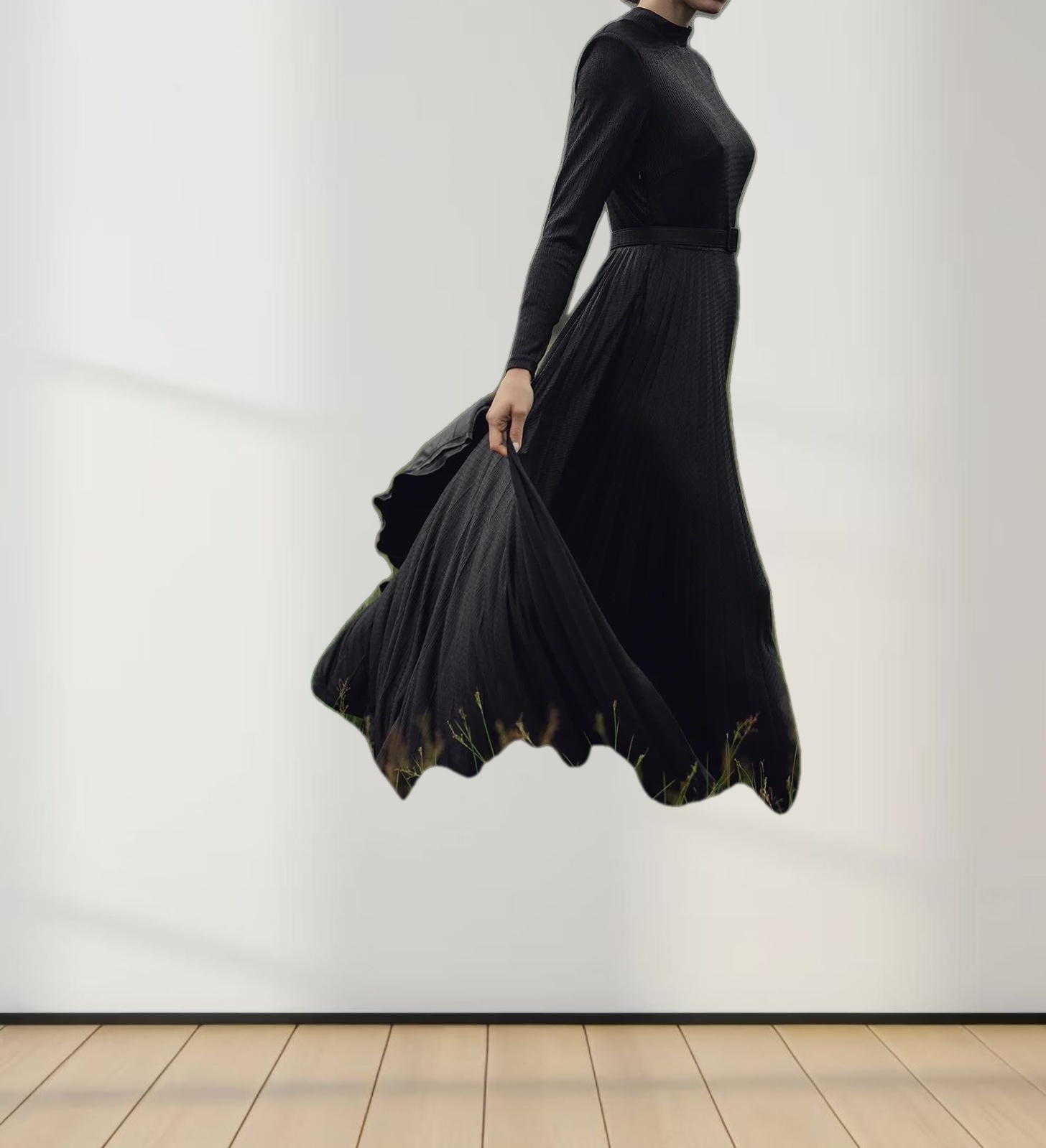 Pleat Bottom Stretch Maxi Dress-Black Shimmer