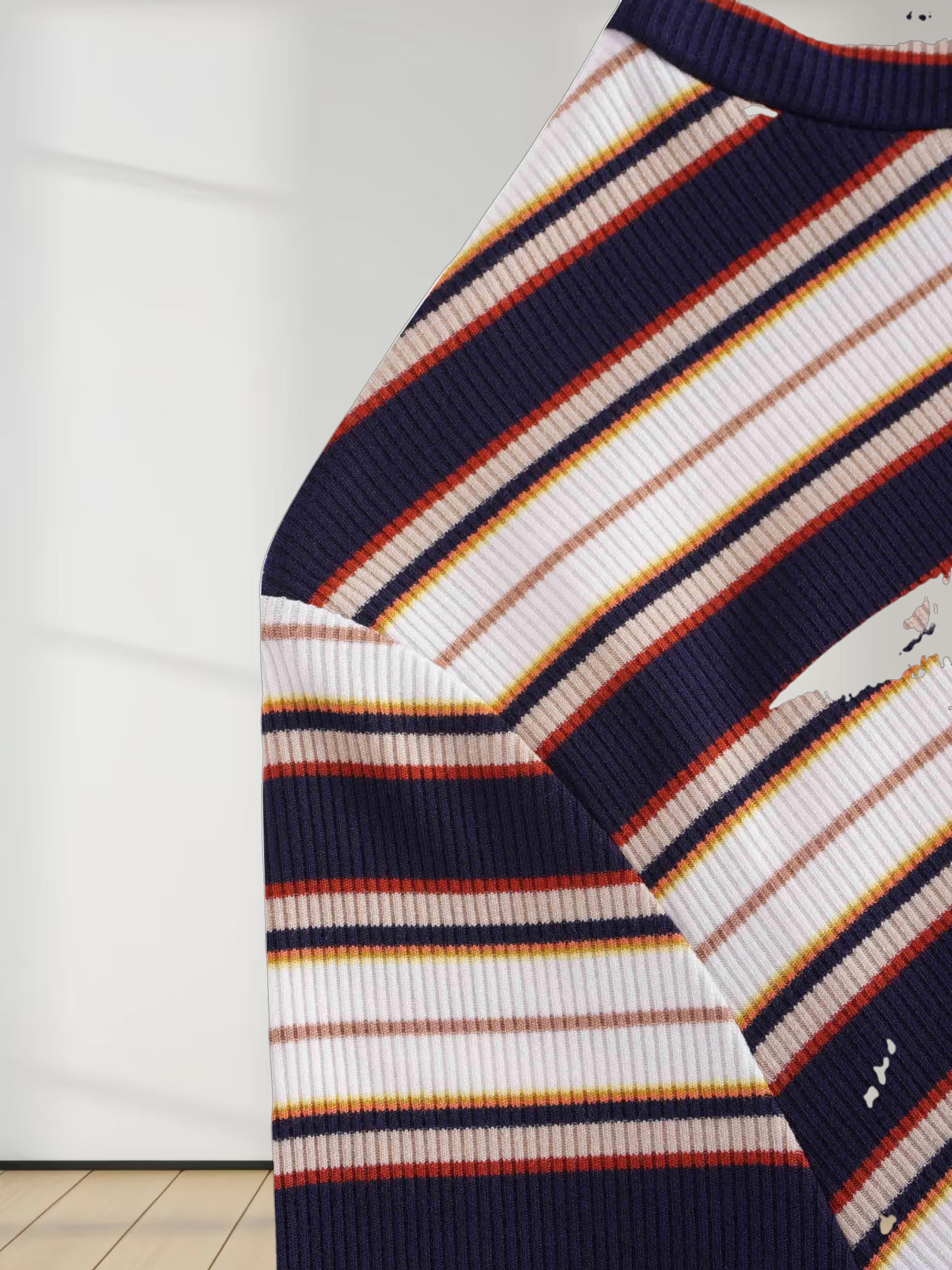 Striped Ribbed Turtleneck-Navy/Camel