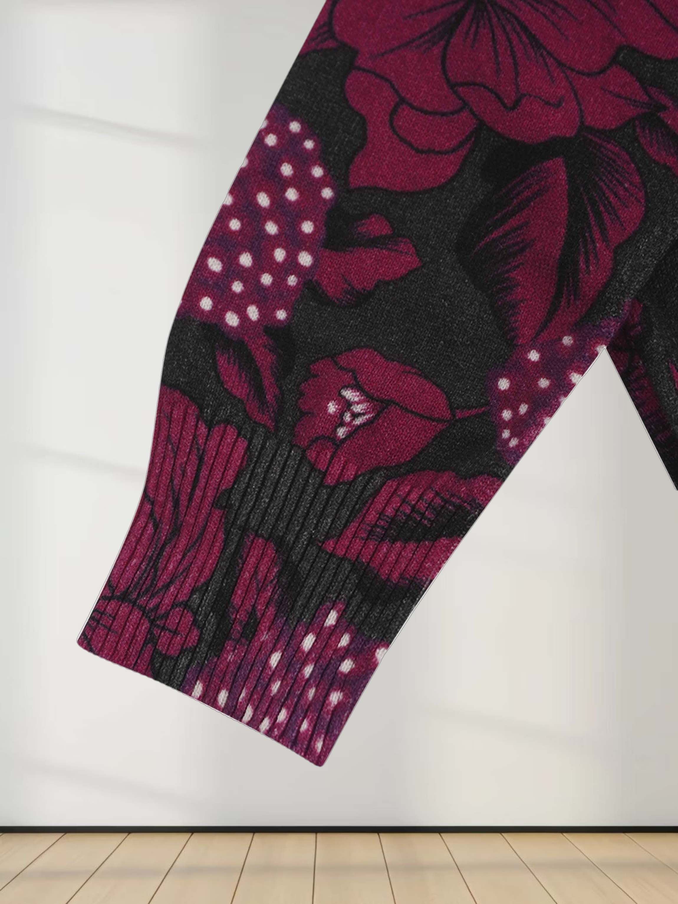 Thin Knit Turtleneck Sweater-Grey Pink Floral