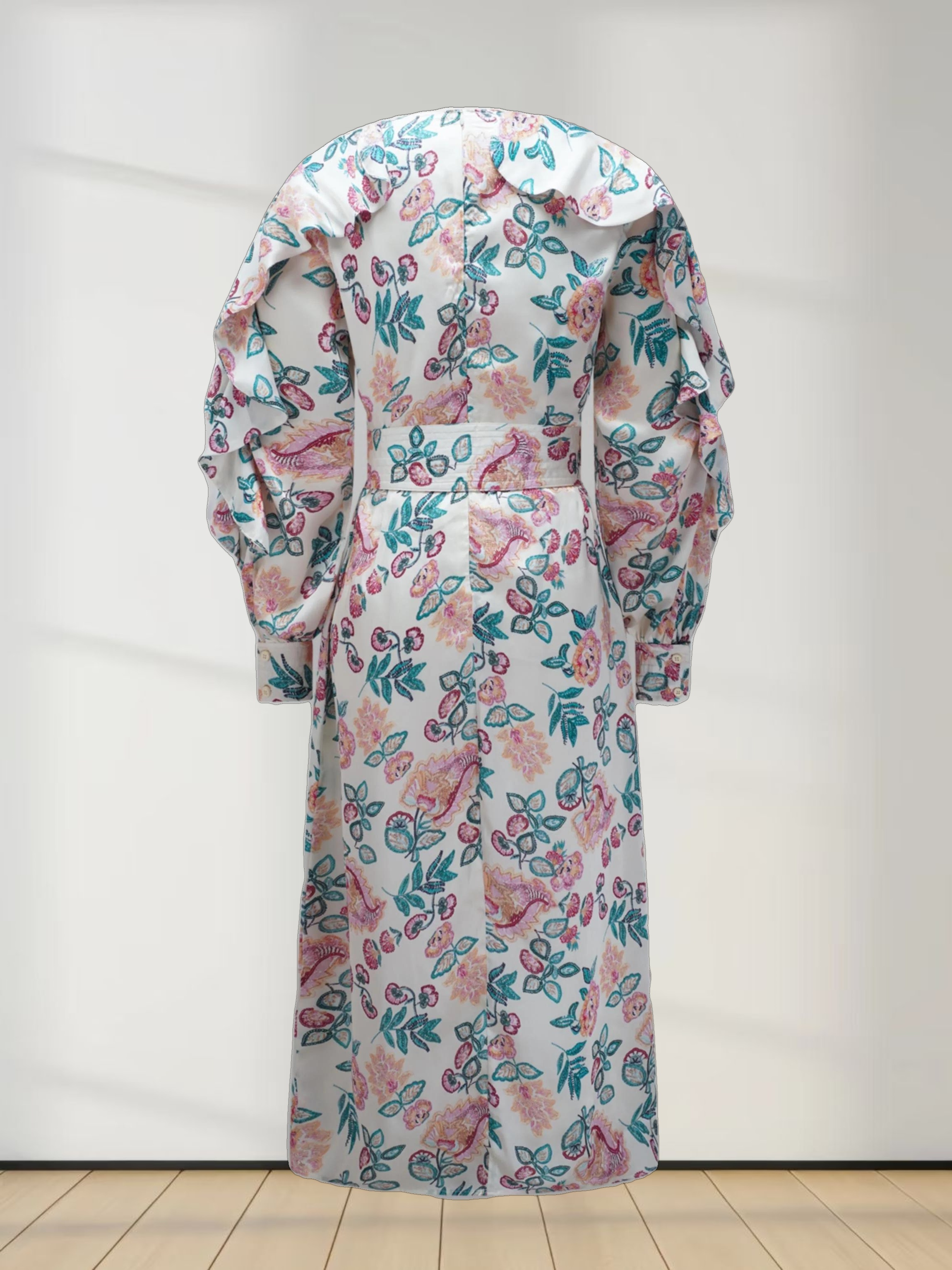 Ruffle Sleeve Belted Dress-Aqua/Pink Floral