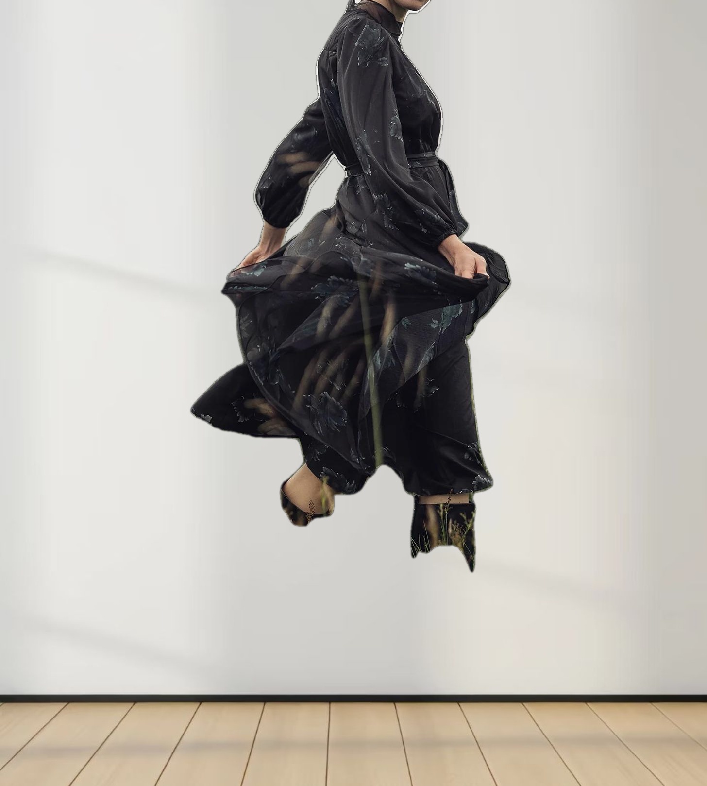 Asymmetrical Bottom Belted Dress-Green Floral