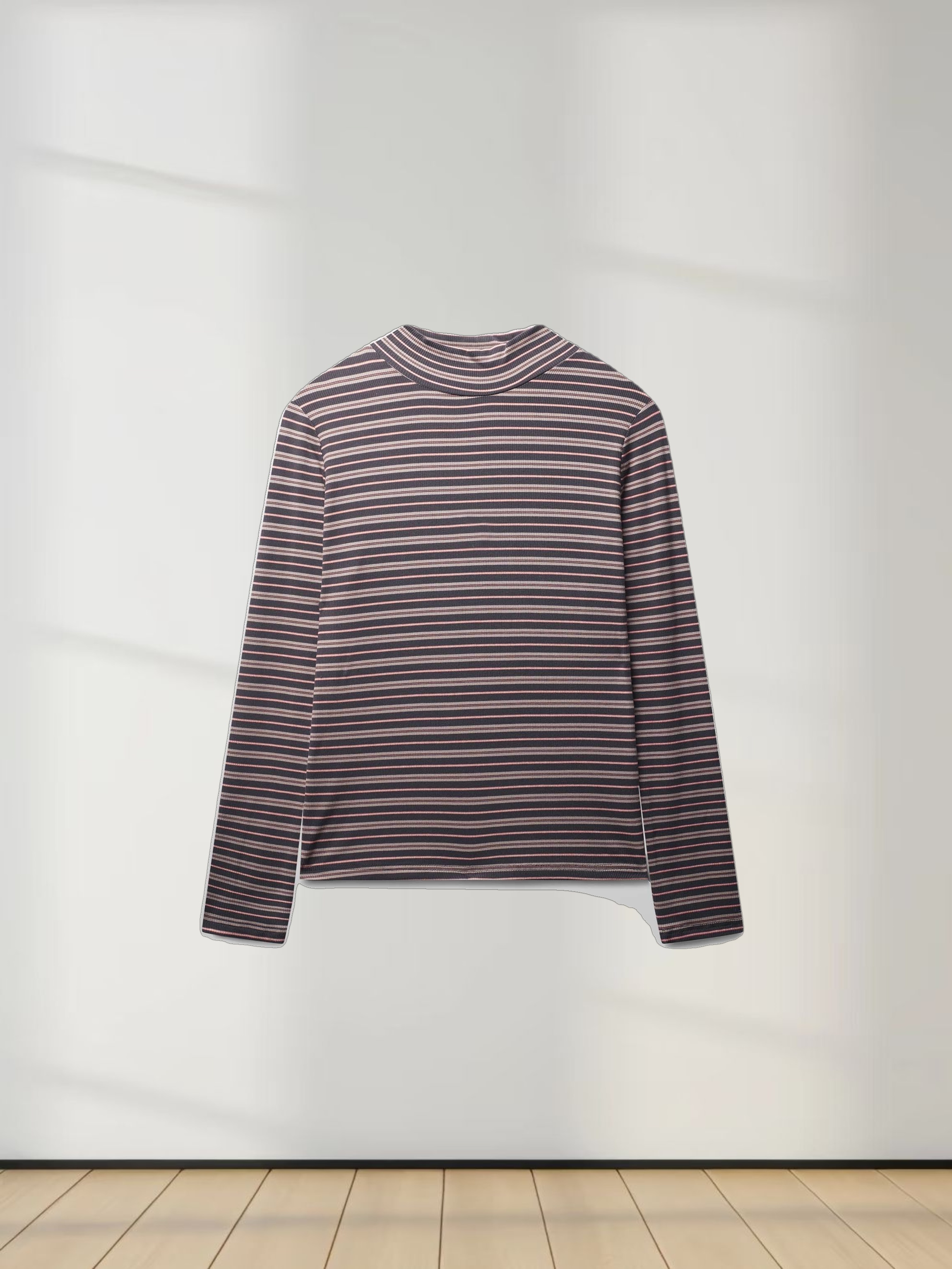 Striped Ribbed Turtleneck-Grey/Peach