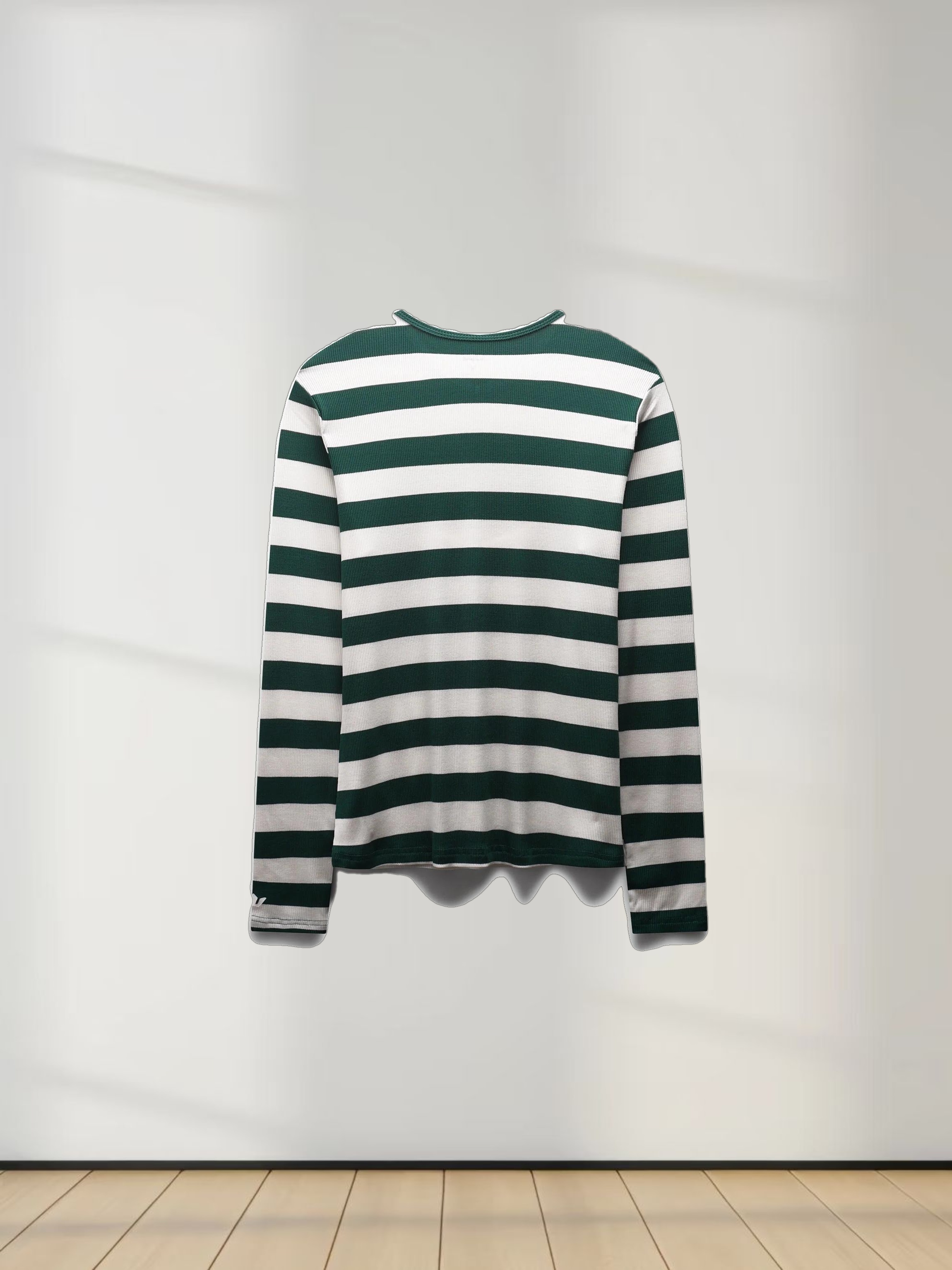 Ribbed Striped High V Tee Long Sleeve-Green/Ivory