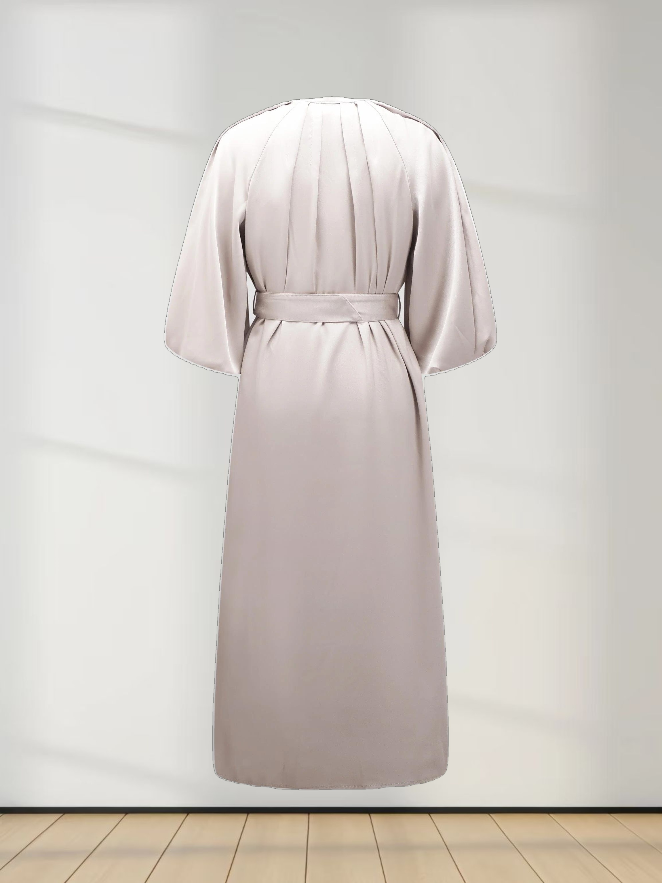 Pleat Neck Belted Dress-Ecru