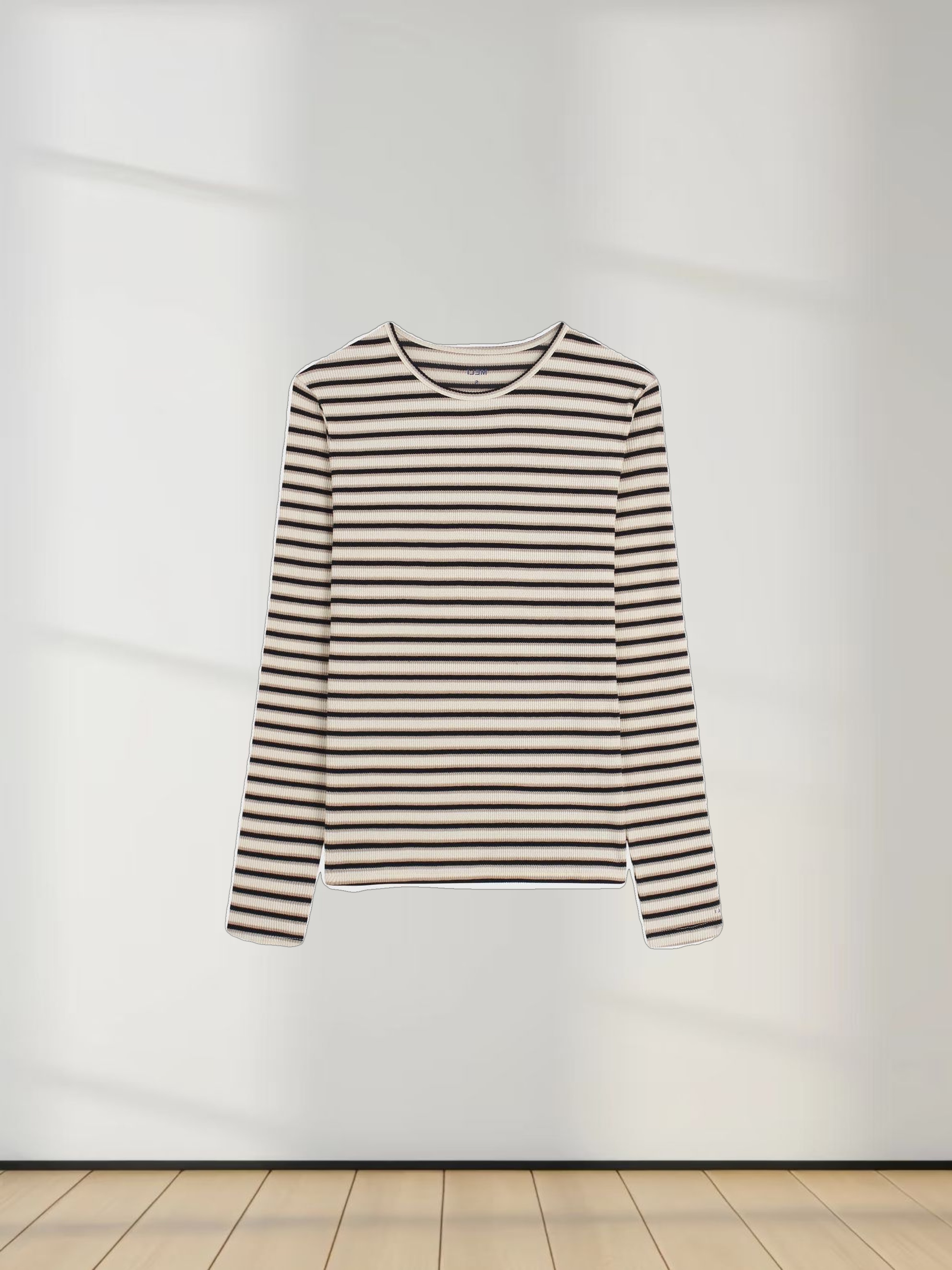 Waffle Striped Crew Tee-Tan/Black/Cream