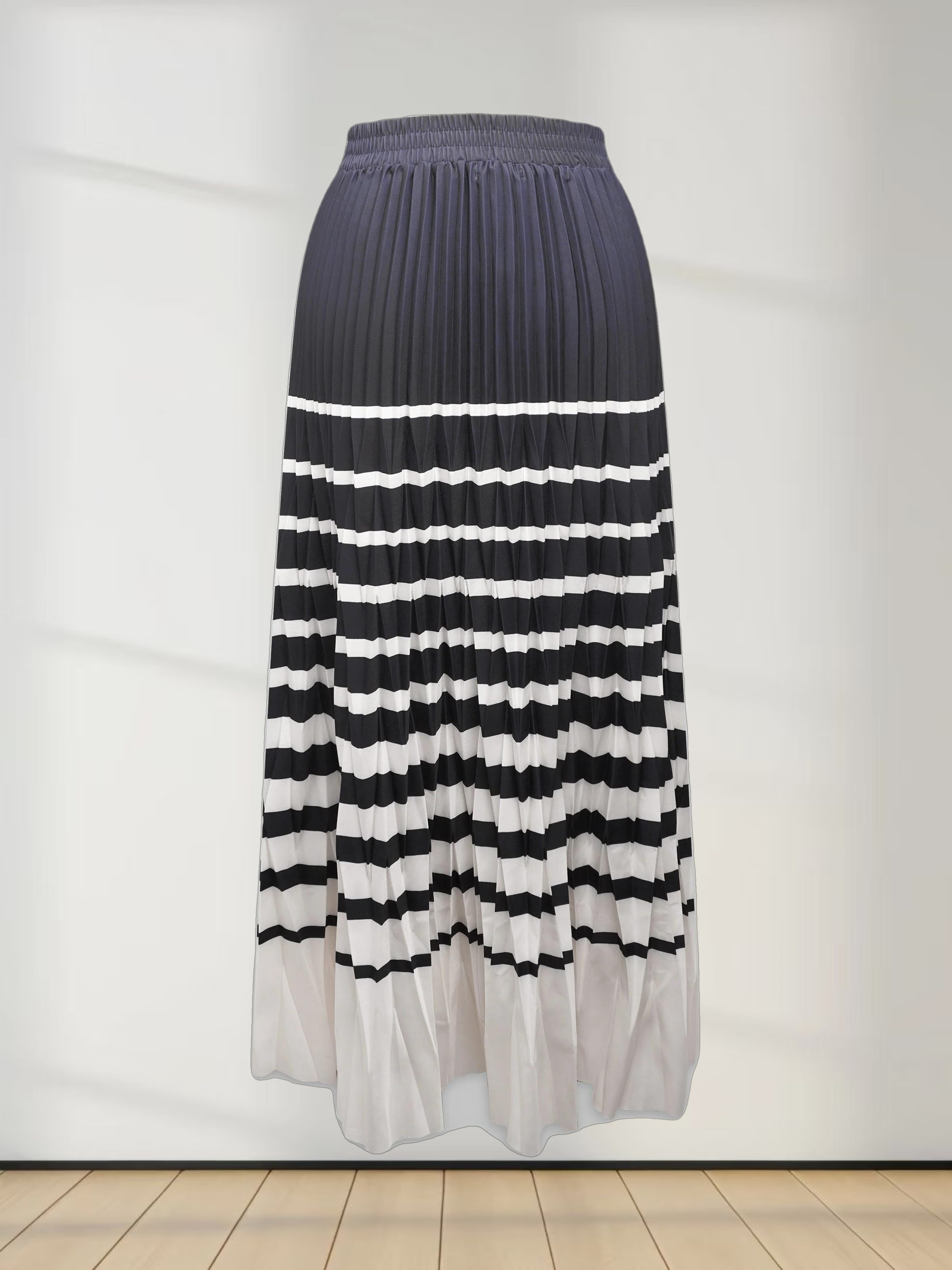 Mix Pleat Striped Skirt-Navy/Cream