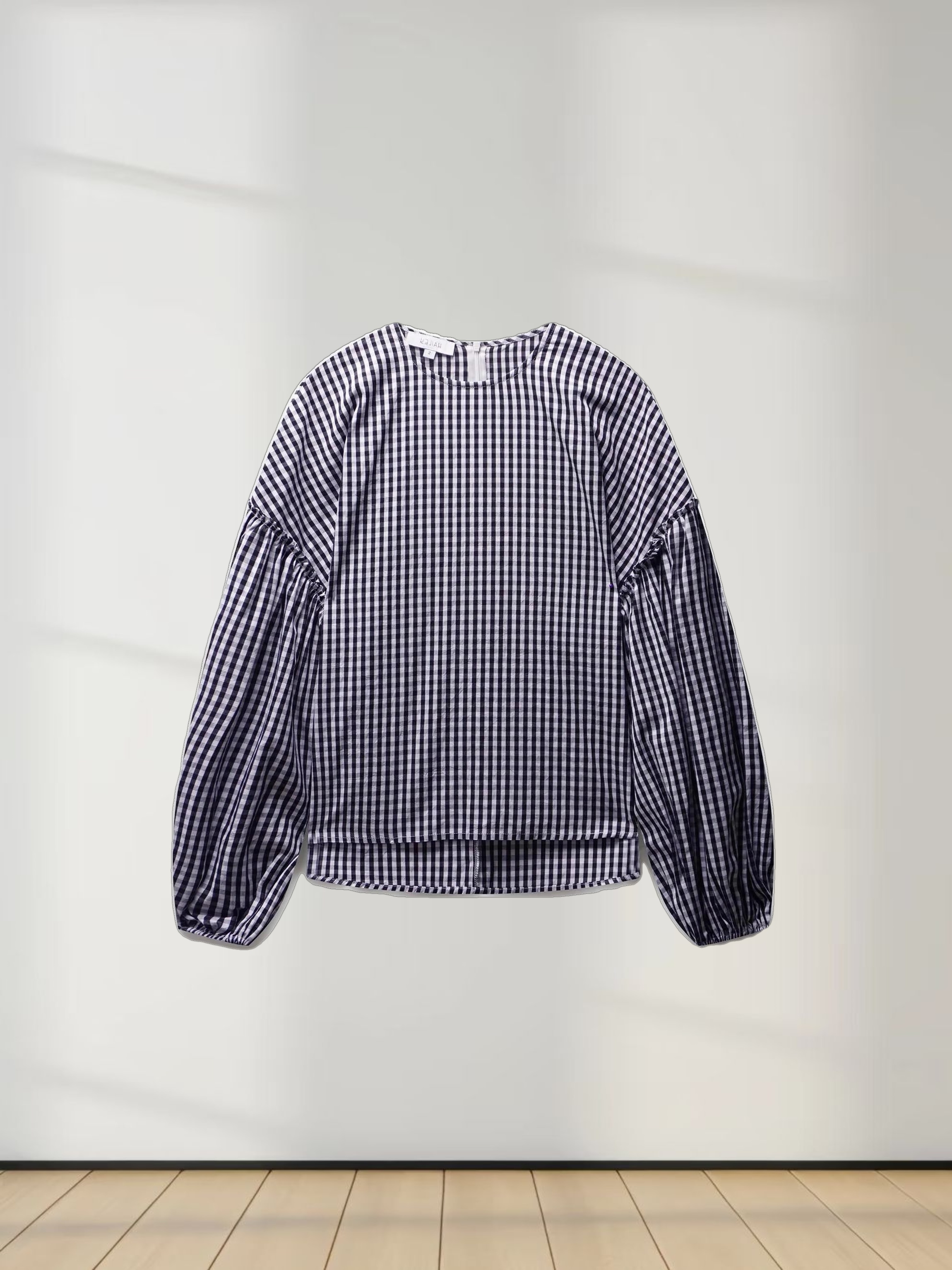 Bubble Sleeve Top-Black/White Gingham