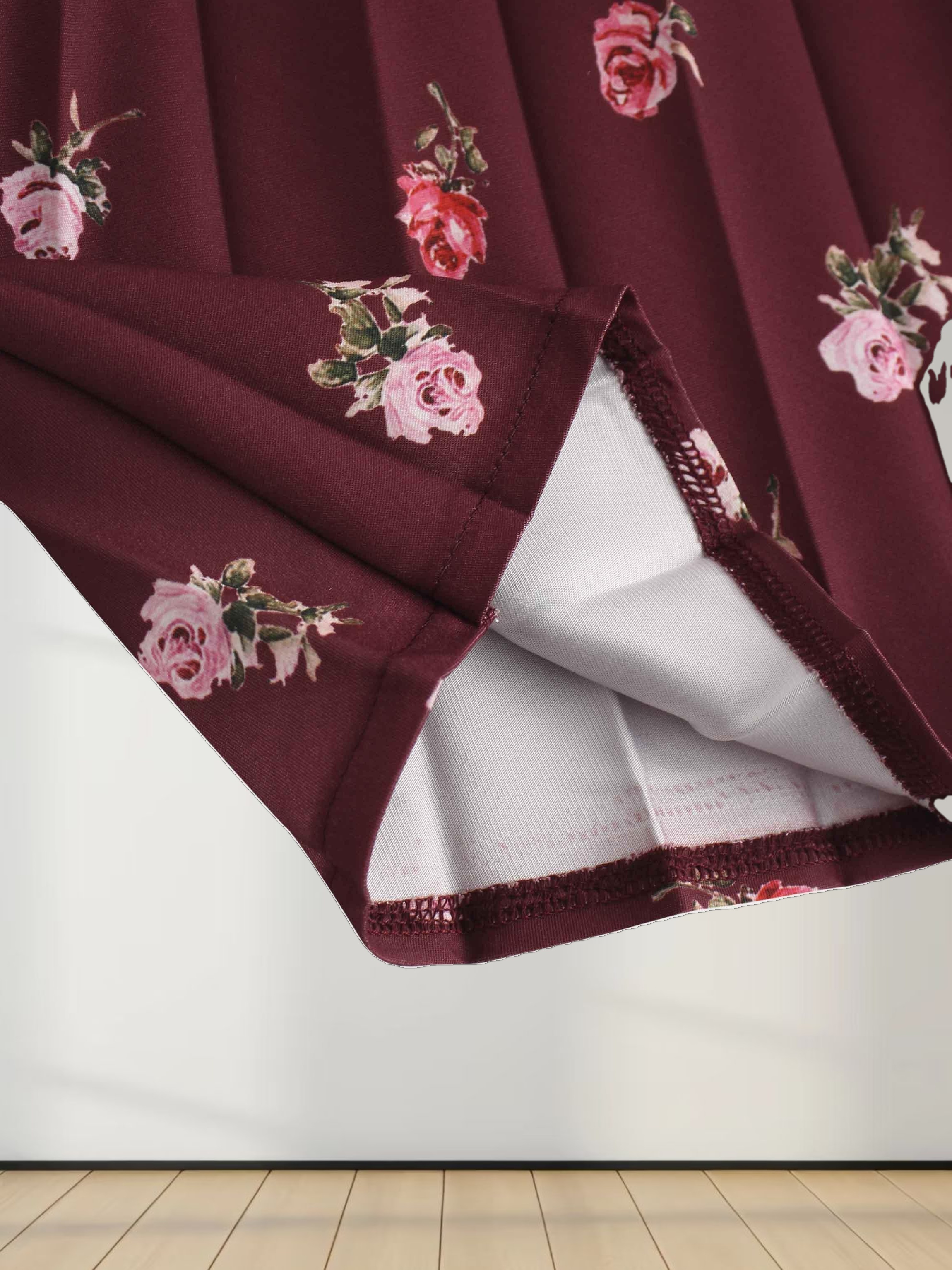 Pleated Bottom Slip Dress-Burgundy Floral