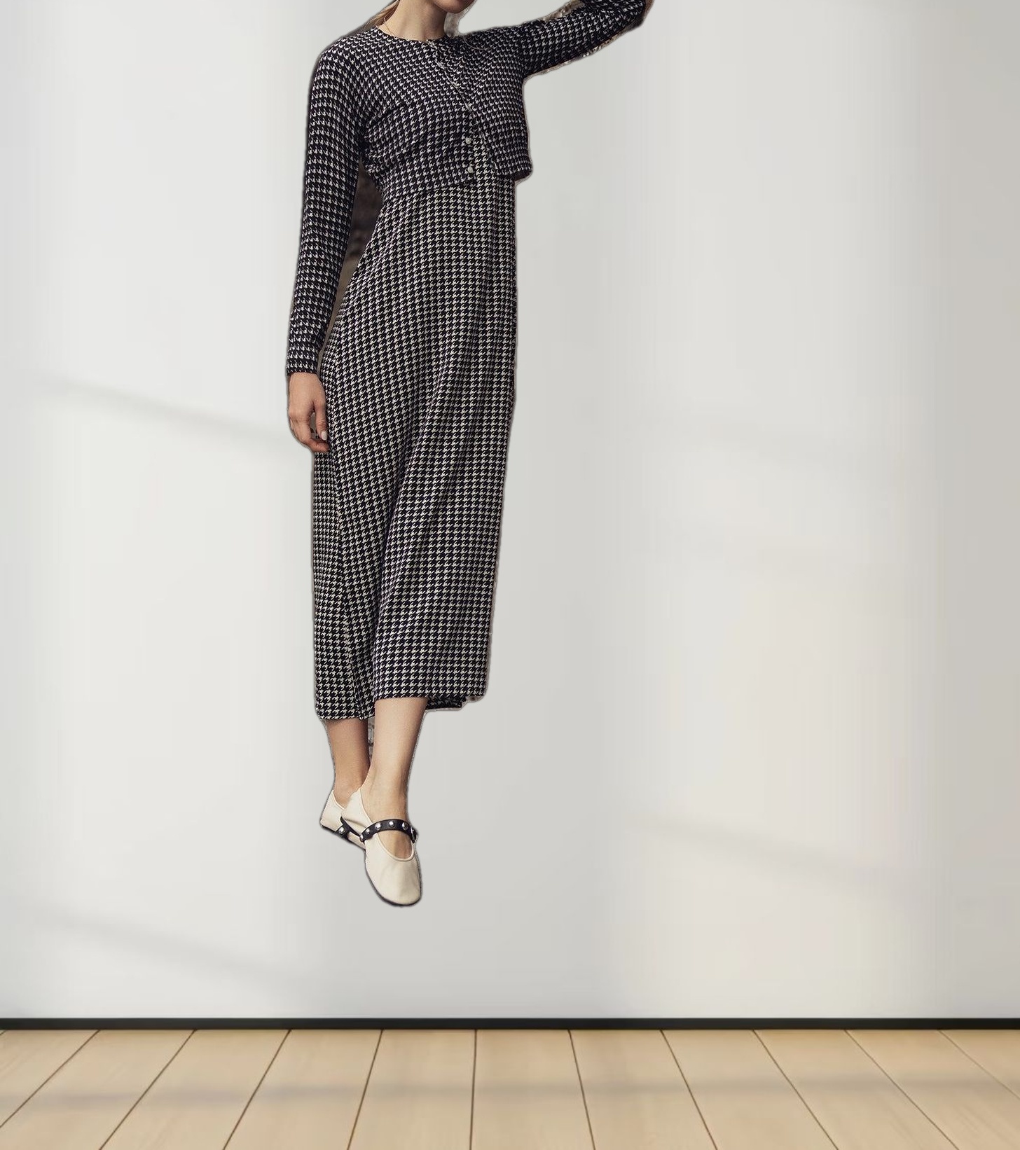 A-Line V Neck Slip Dress-Houndstooth