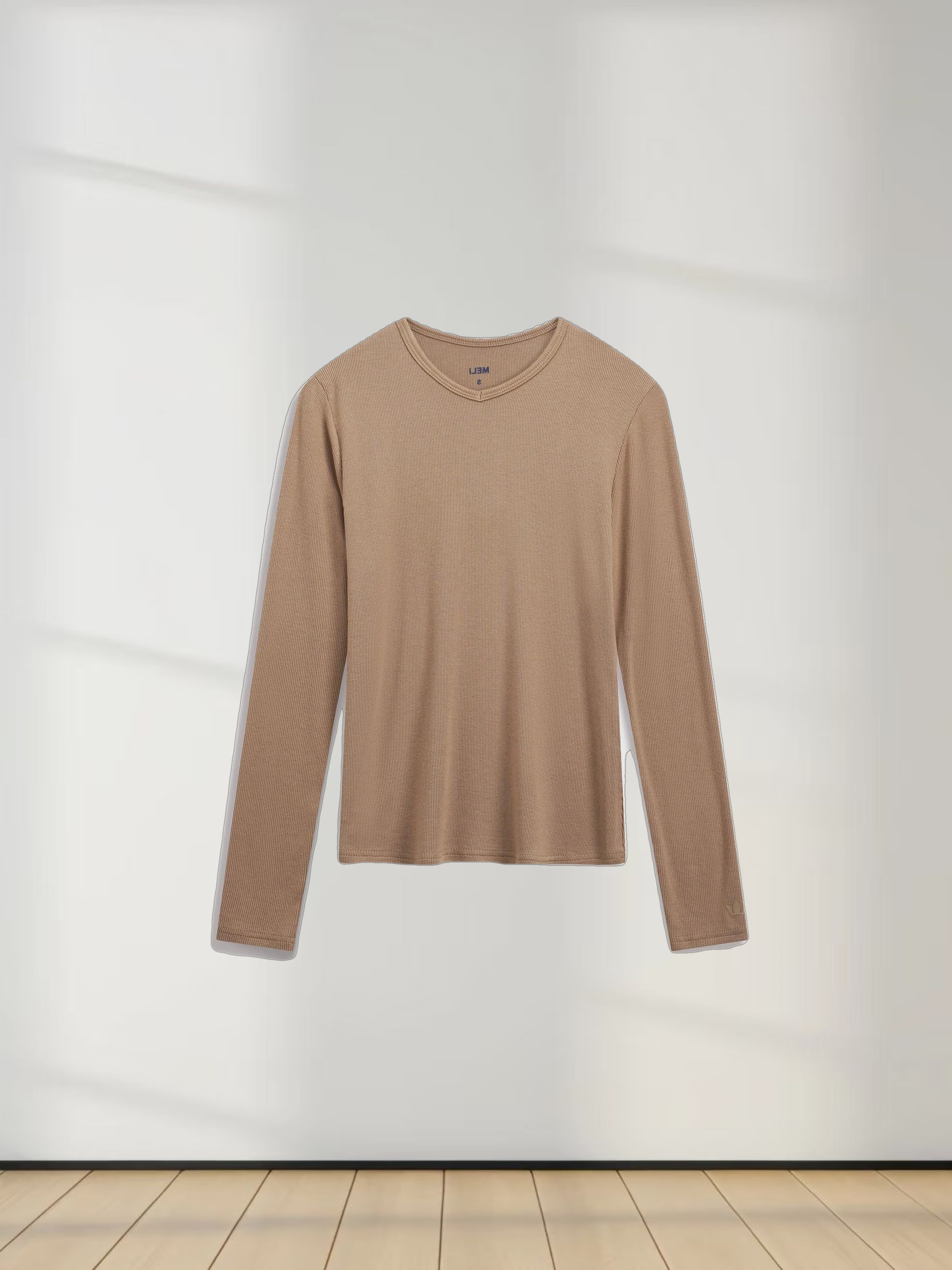 RIBBED HIGH V LS-TAUPE