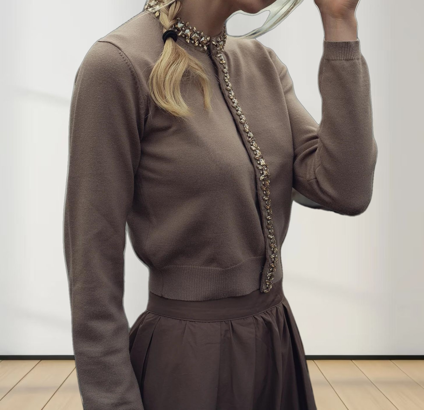 Embellished Cardigan Sweater-Mocha Mousse