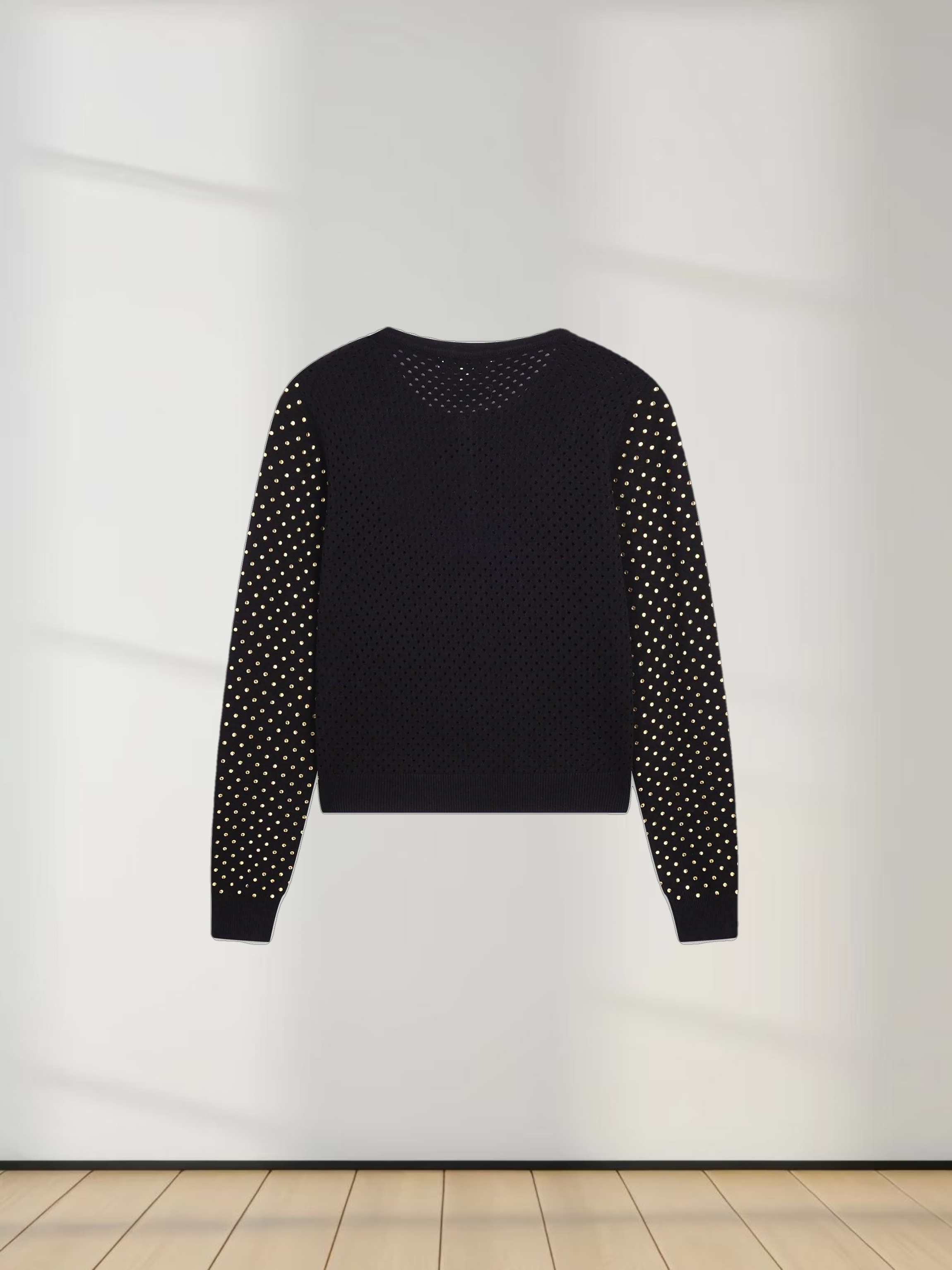 Open Knit Diamond Crew Cardigan-Gold