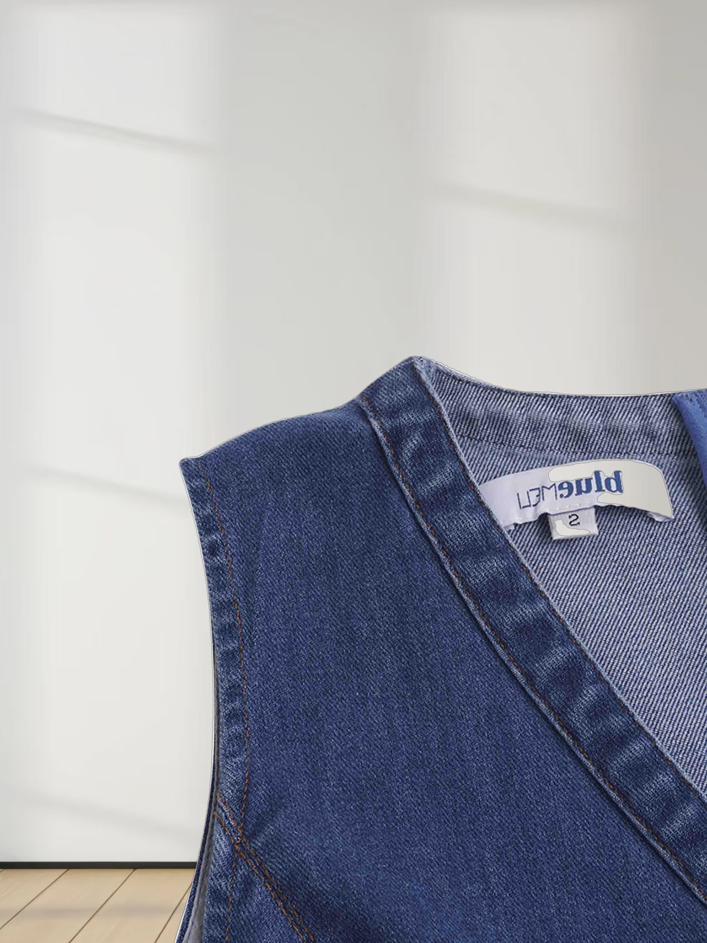 High Waisted V Neck Denim Jumper-Blue