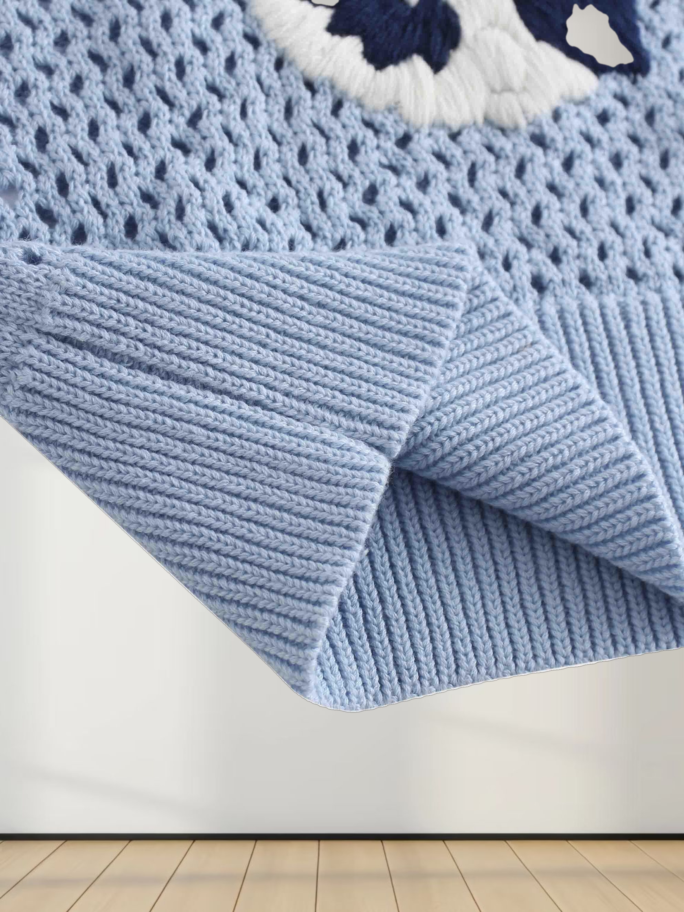 Embroidered Crochet Floral Sweater-Blue Floral