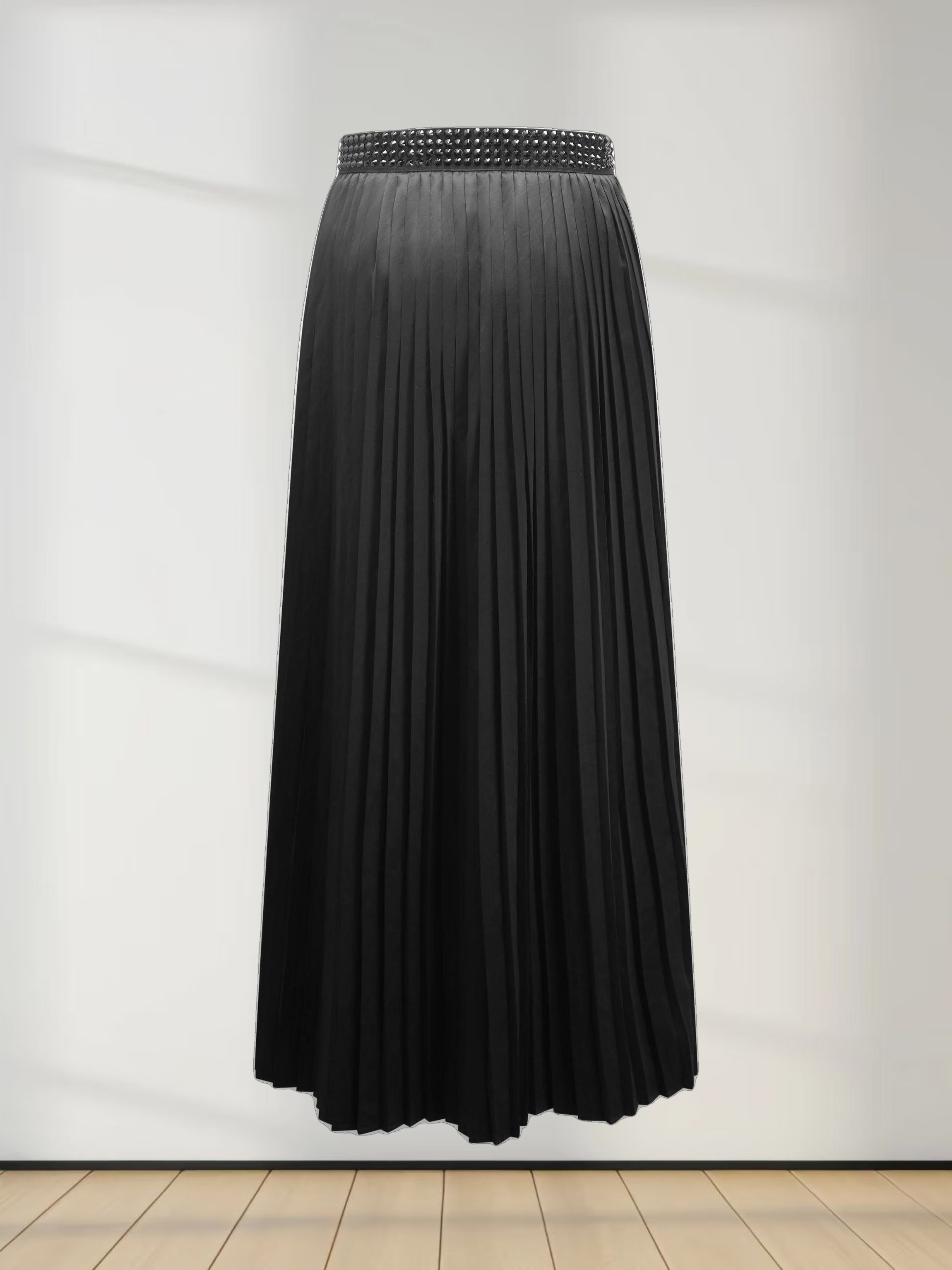 Stone Embellished Faux Satin Pleated Skirt-Black