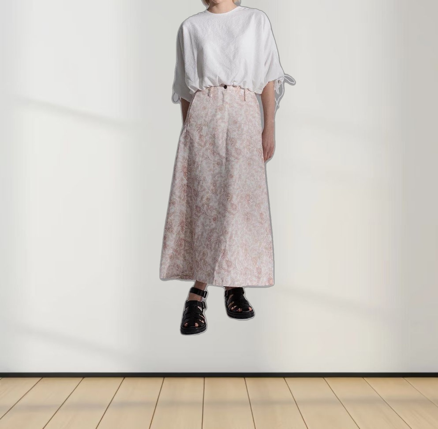 Printed Denim Skirt-Brown Floral