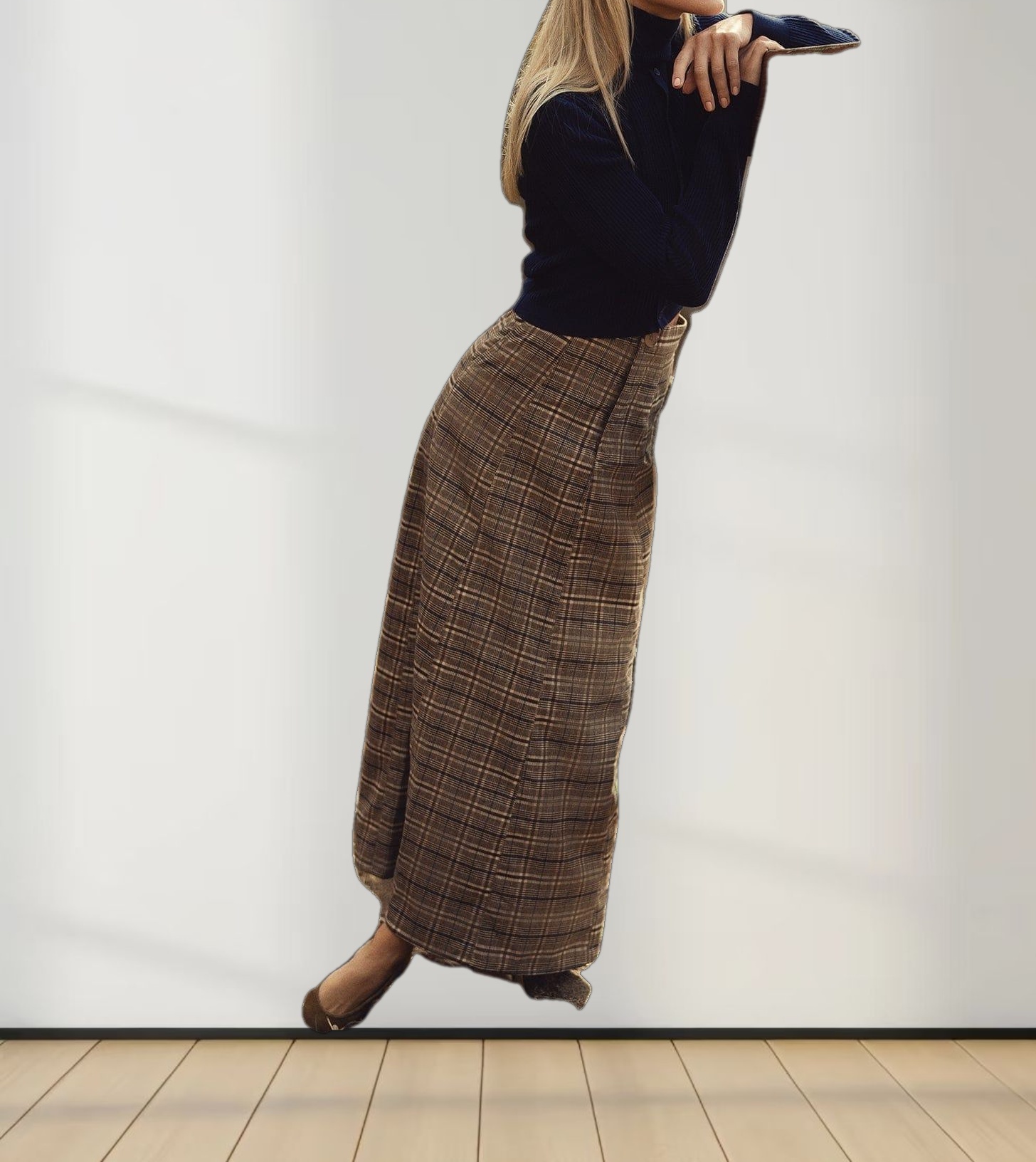 Button Front A-Line Skirt-Brown Plaid