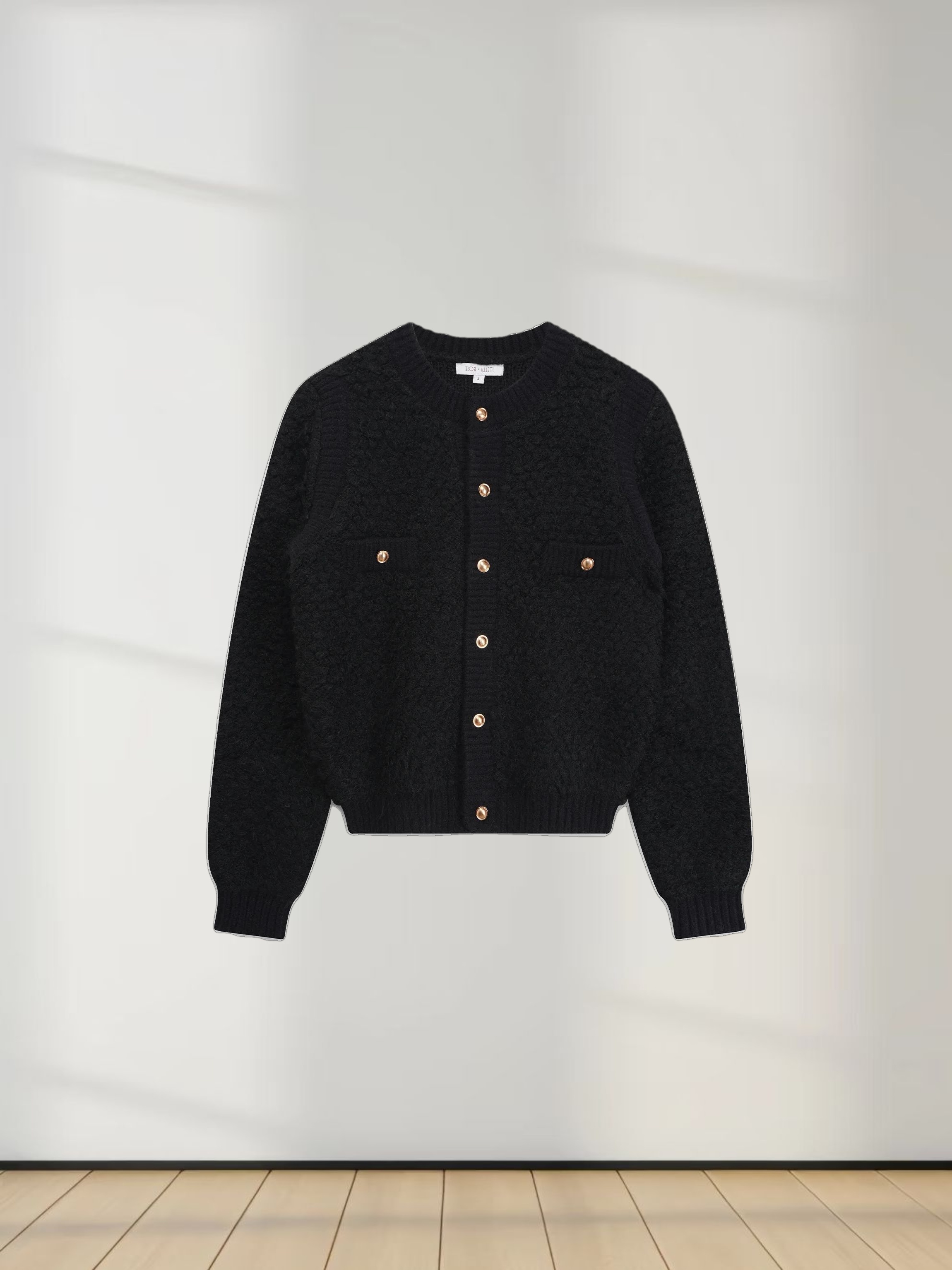 Ribbed Knit Mohair Cardigan Jacket-Black