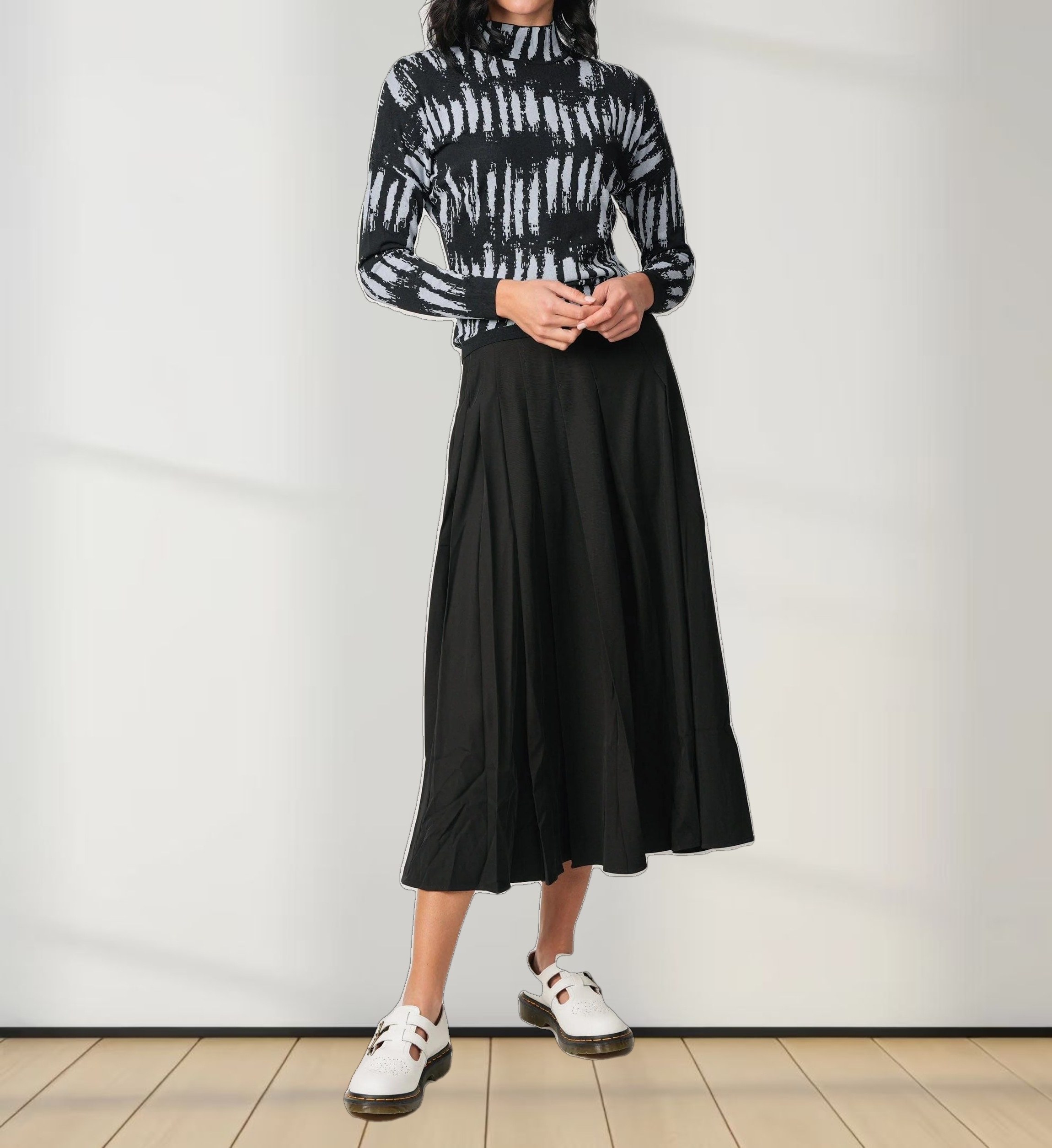 STITCHED DOWN PLEATED SKIRT(LONG)-BLACK