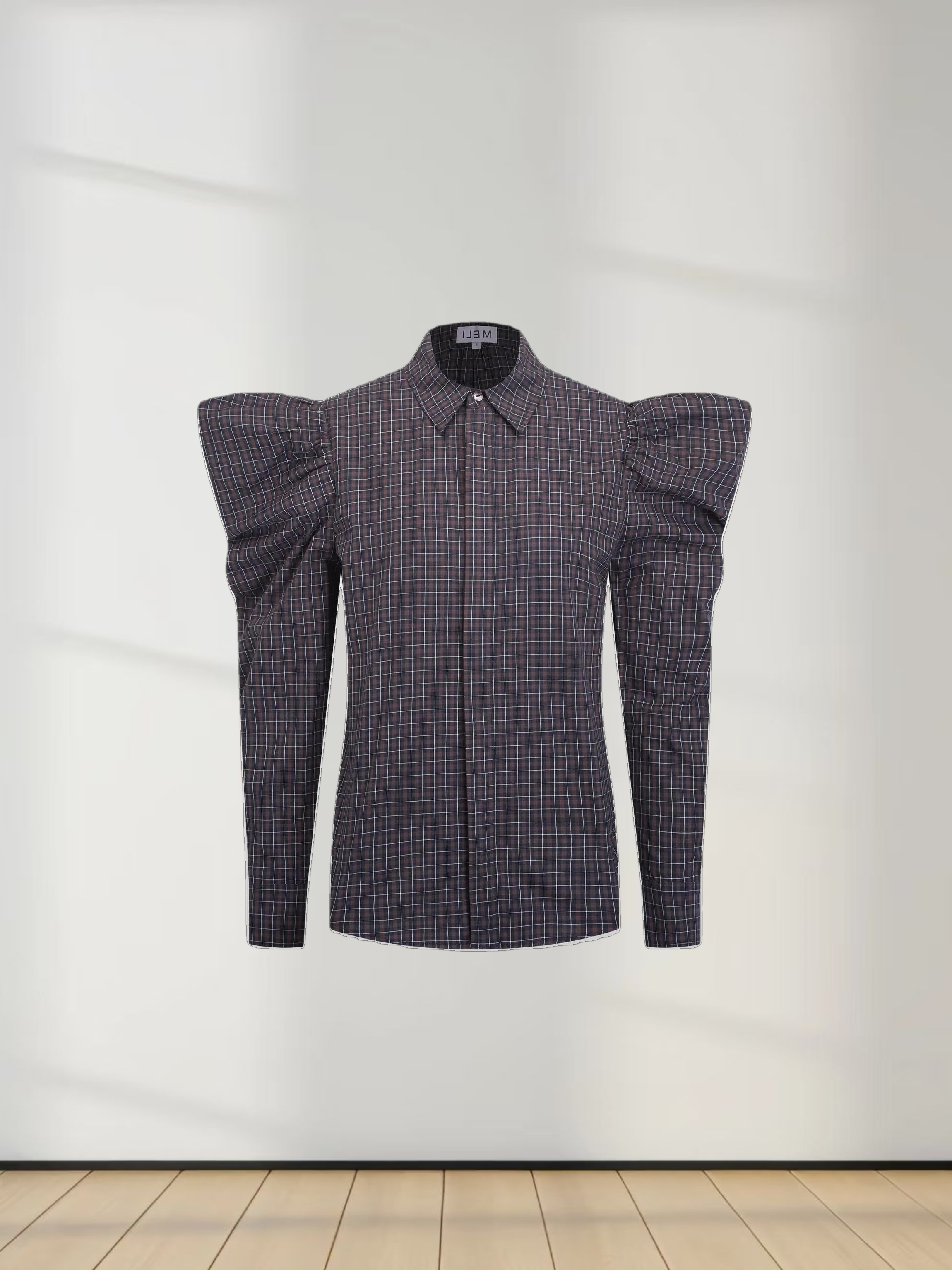 Puff Sleeve Blouse-Navy Plaid